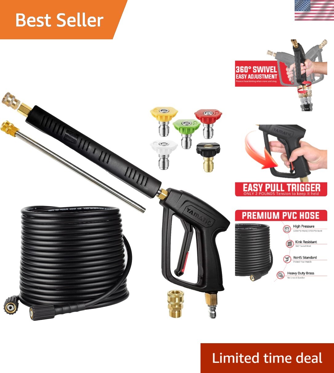 Pressure Washer Gun and Hose Kit, 50 FT Kink Resistant Power Washer Hose and …