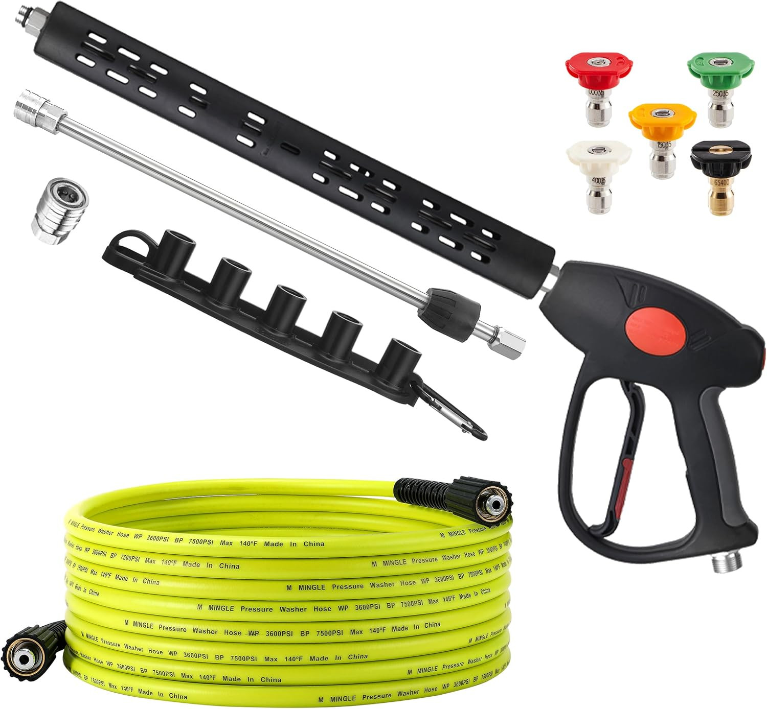 M MINGLE Pressure Washer Hose and Gun Kit, 25 FT Power Washer Hose with 5 Nozzle