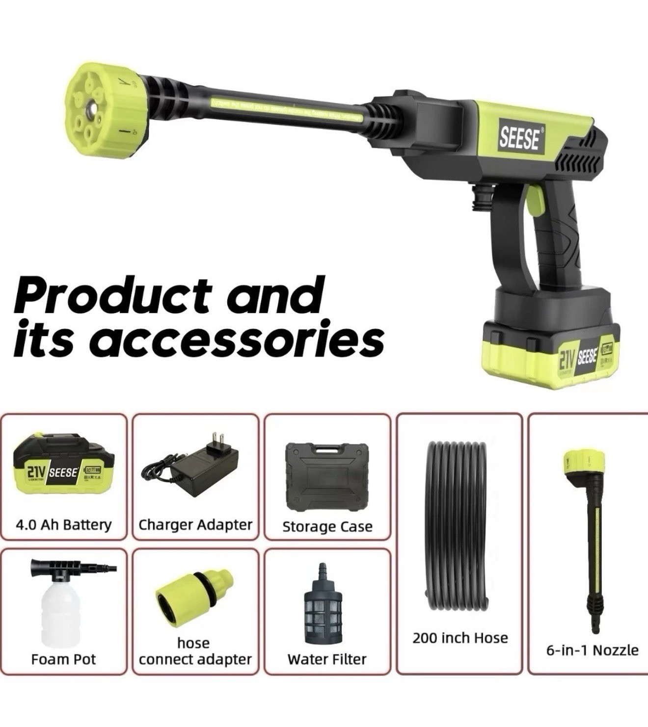 SEESE 1000 PSI Cordless Pressure Washer for Car & Garden with Charger Base
