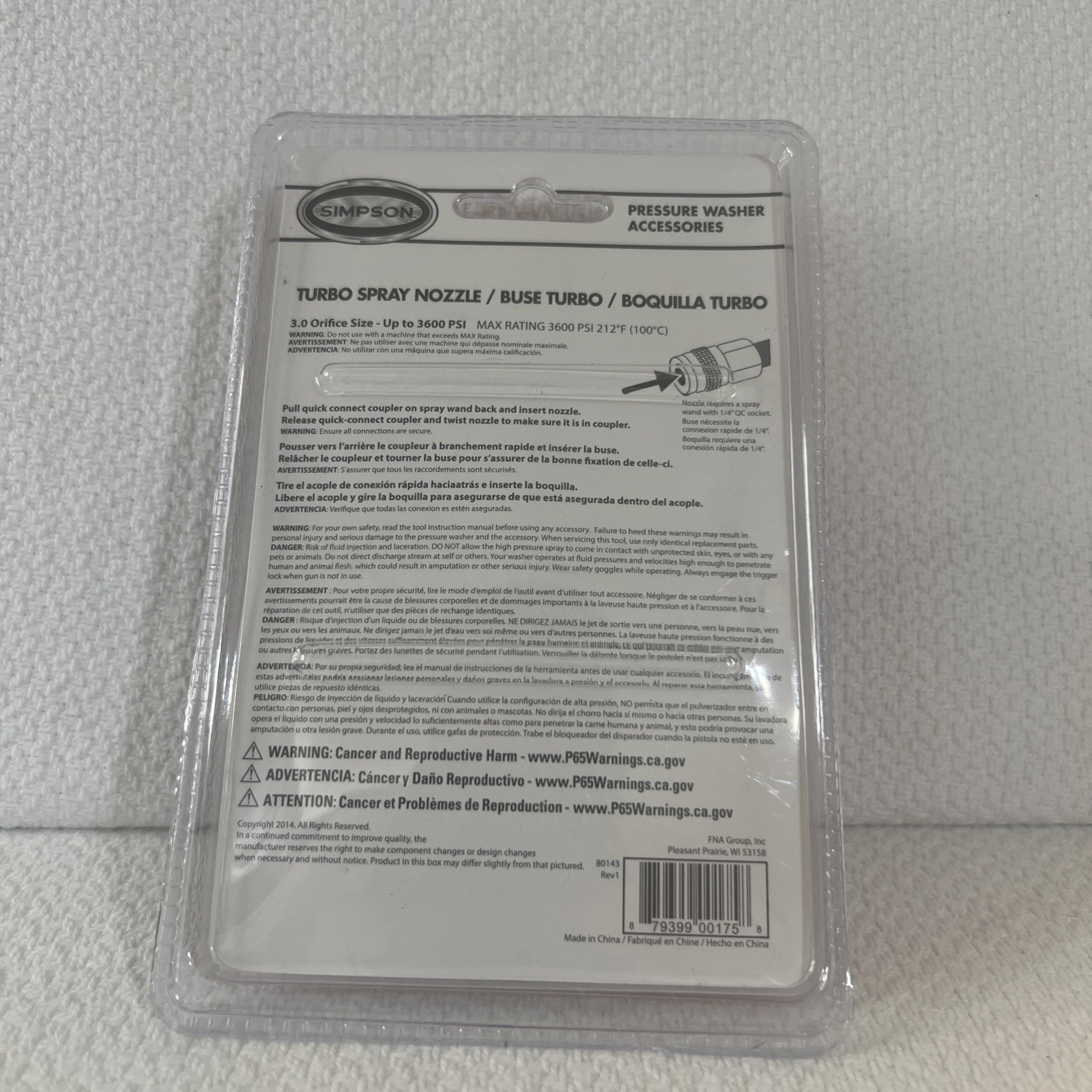 Simpson Turbo Spray Nozzle 80143 For Pressure Washer With Quick Connect 3600 Psi