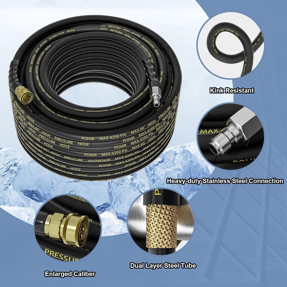 Pressure Washer Hose 50 ft Steel Wire Braided Kink Resistant 4200 PSI