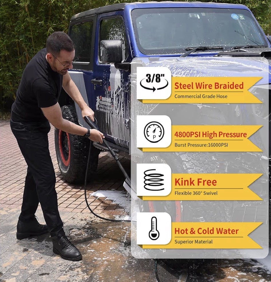 50FT 3/8″ 4800PSI Pressure Washer Hose W/ Swivel Quick Connect Steel Wire Braid