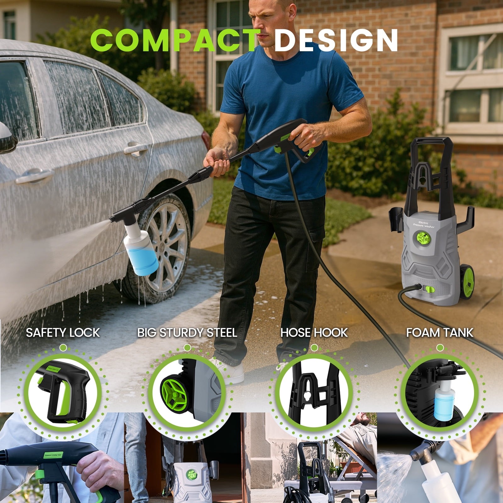 HOMSHADE ELECTRIC PRESSURE WASHER 4200PSI MAX 2.6 GPM POWER WASHER – GRAY