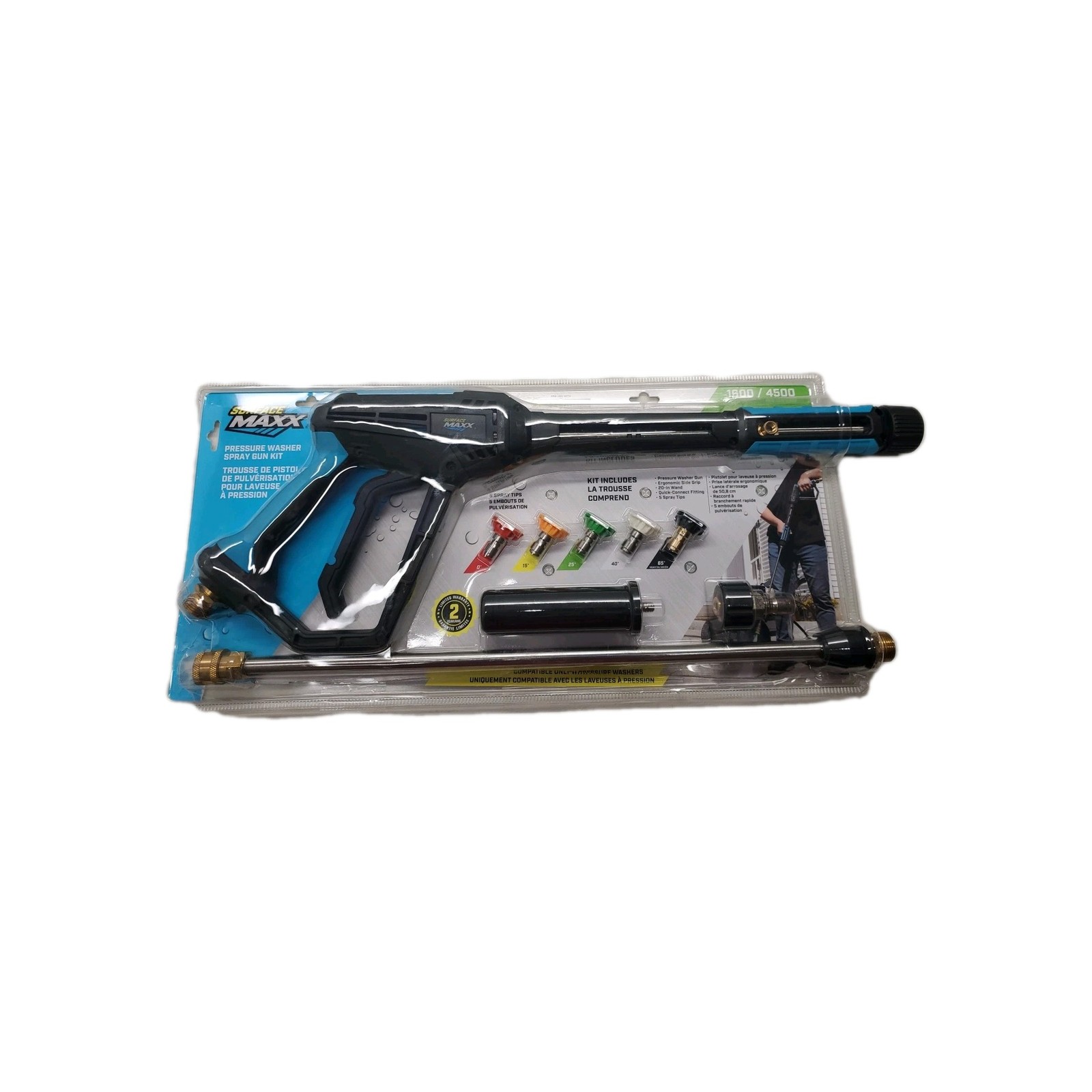 SurfaceMaxx 4500 PSI Pressure Washer Spray Gun Kit Wand 5 Tips Electric Gas 20in