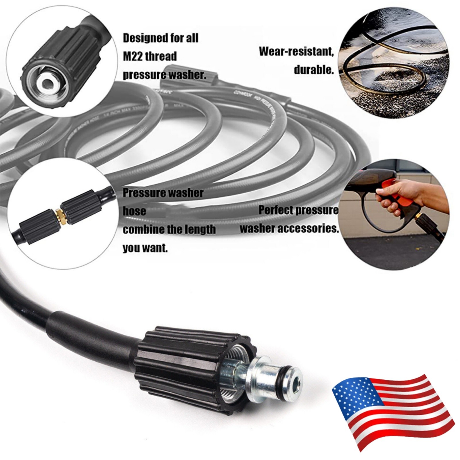 25FT 5800PSI Replacement High Pressure Power Washer Hose M22- 3/8″ Quick Connect