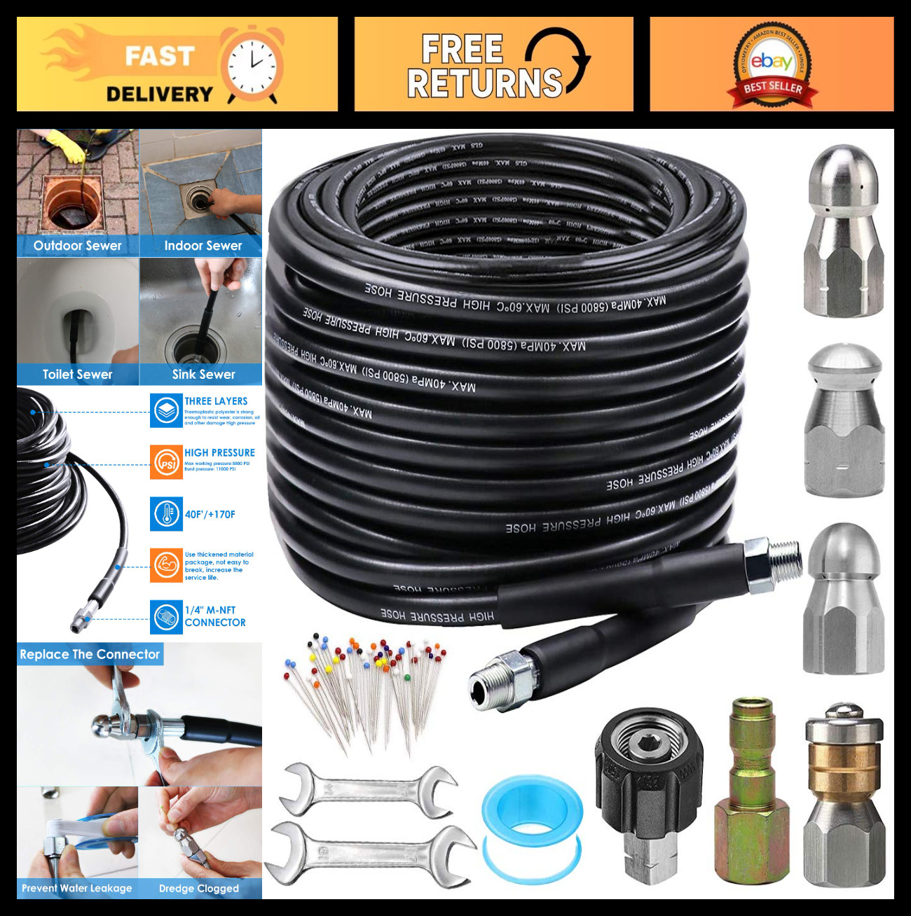 100FT Pressure Washer Sewer Jetter Kit, 5800PSI Drain Cleaning Hose & Nozzle
