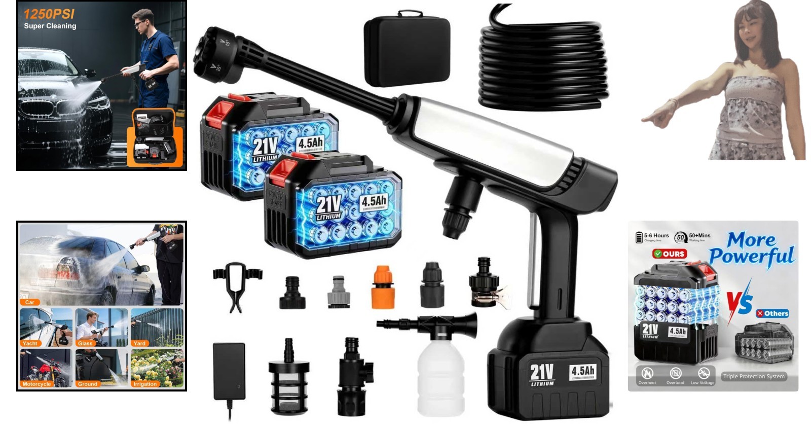 Cordless Portable Pressure Washer – 1250 PSI Power, Dual Batteries & 6-in-1 N…