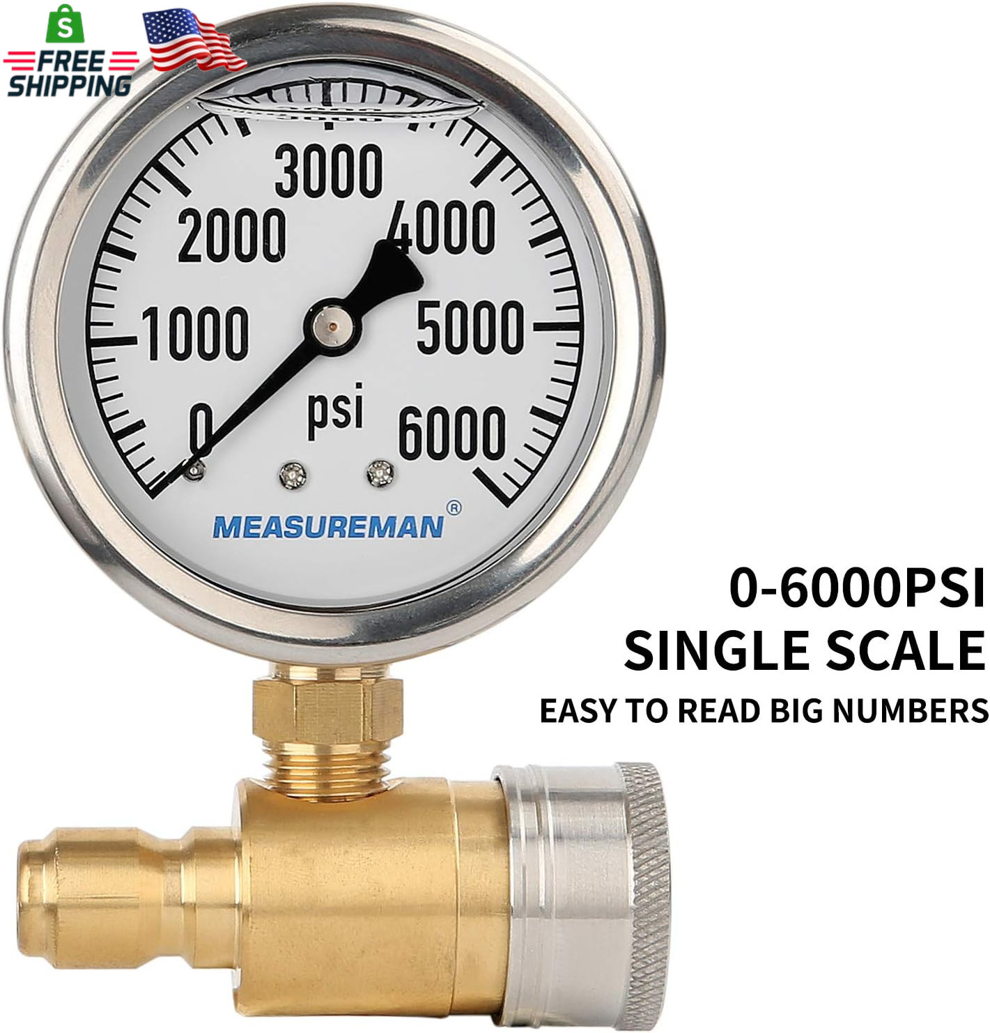 Measureman 2-1/2″ Pressure Washer Gauge, Pressure Gauge Kit, 3/8 Inch Quick Conn