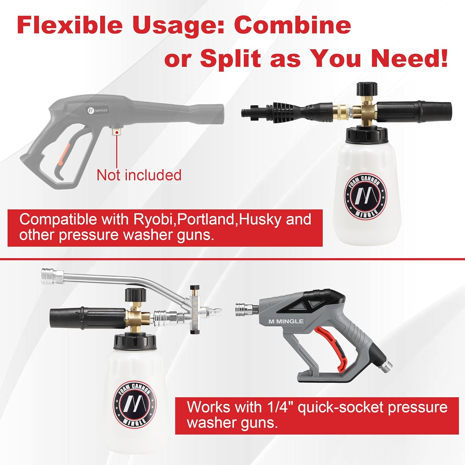 Foam Cannon Dual Connector Accessory for Pressure Washer Kit, Compatible with Po