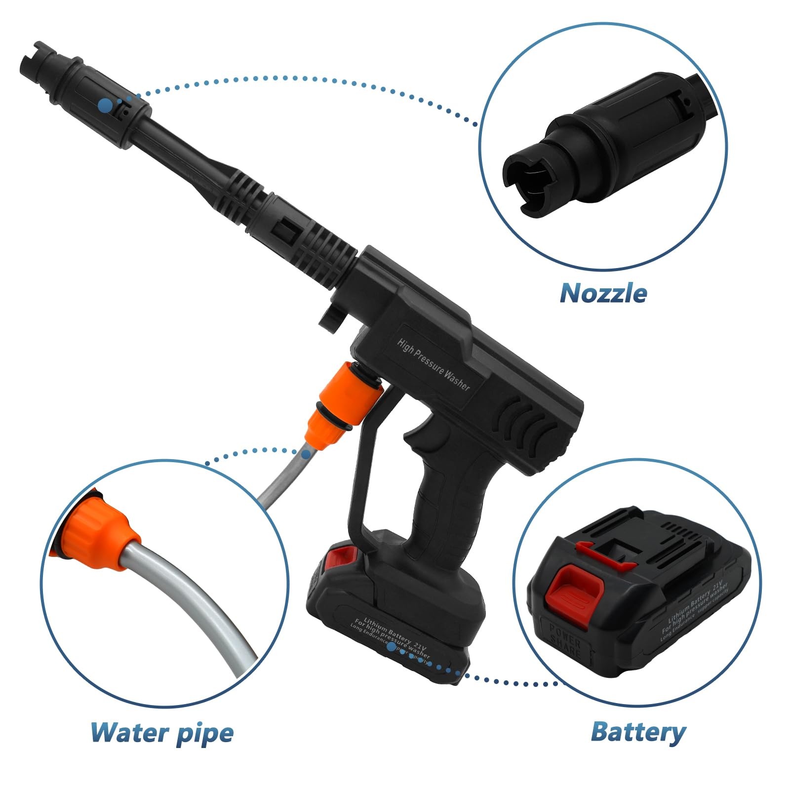 Derasl Cordless Pressure Washer Battery Powered Pressure Washer 5M Hose