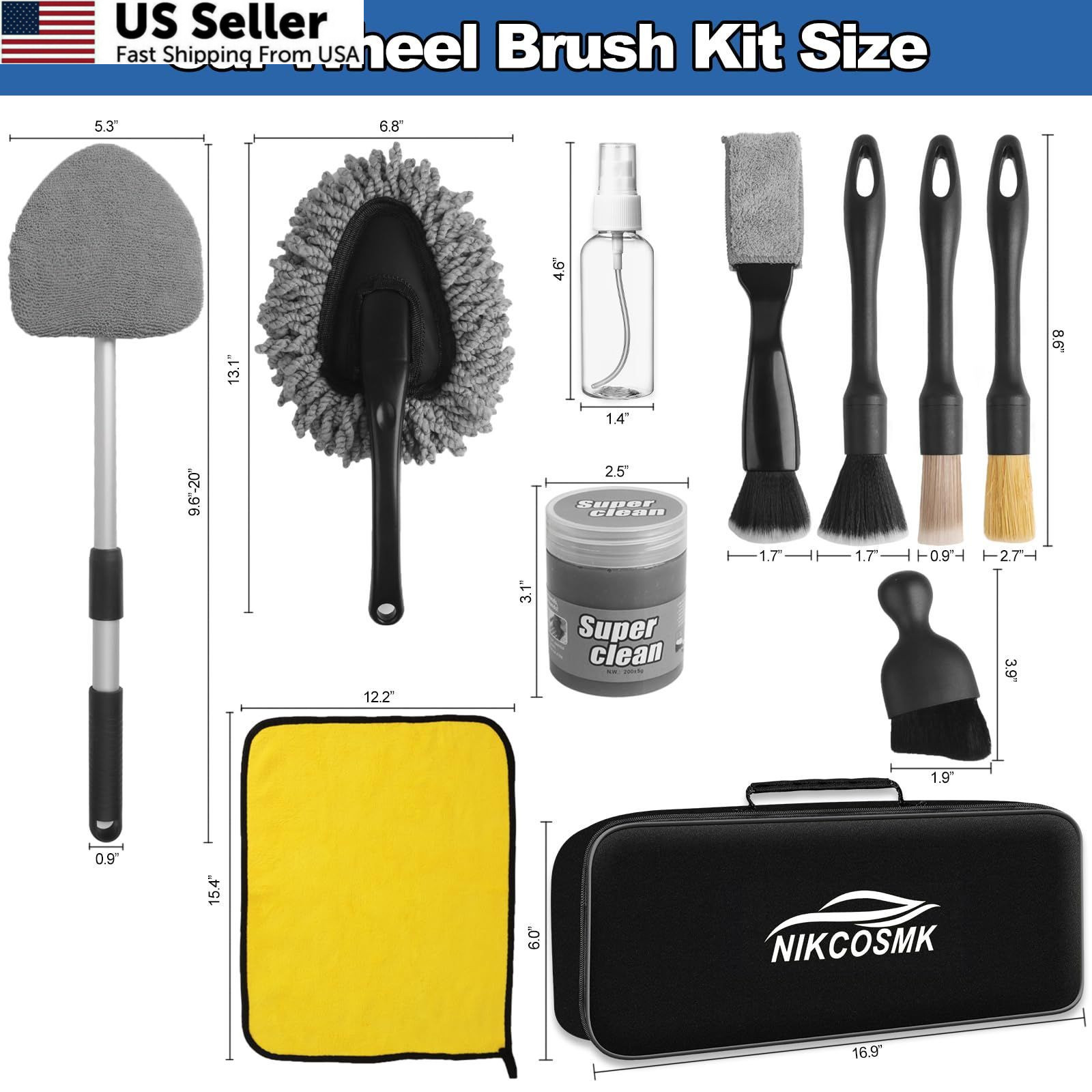 NIKCOSMK Windshield Cleaner Tool, 14Pcs Car Cleaning Kit – Interior Black