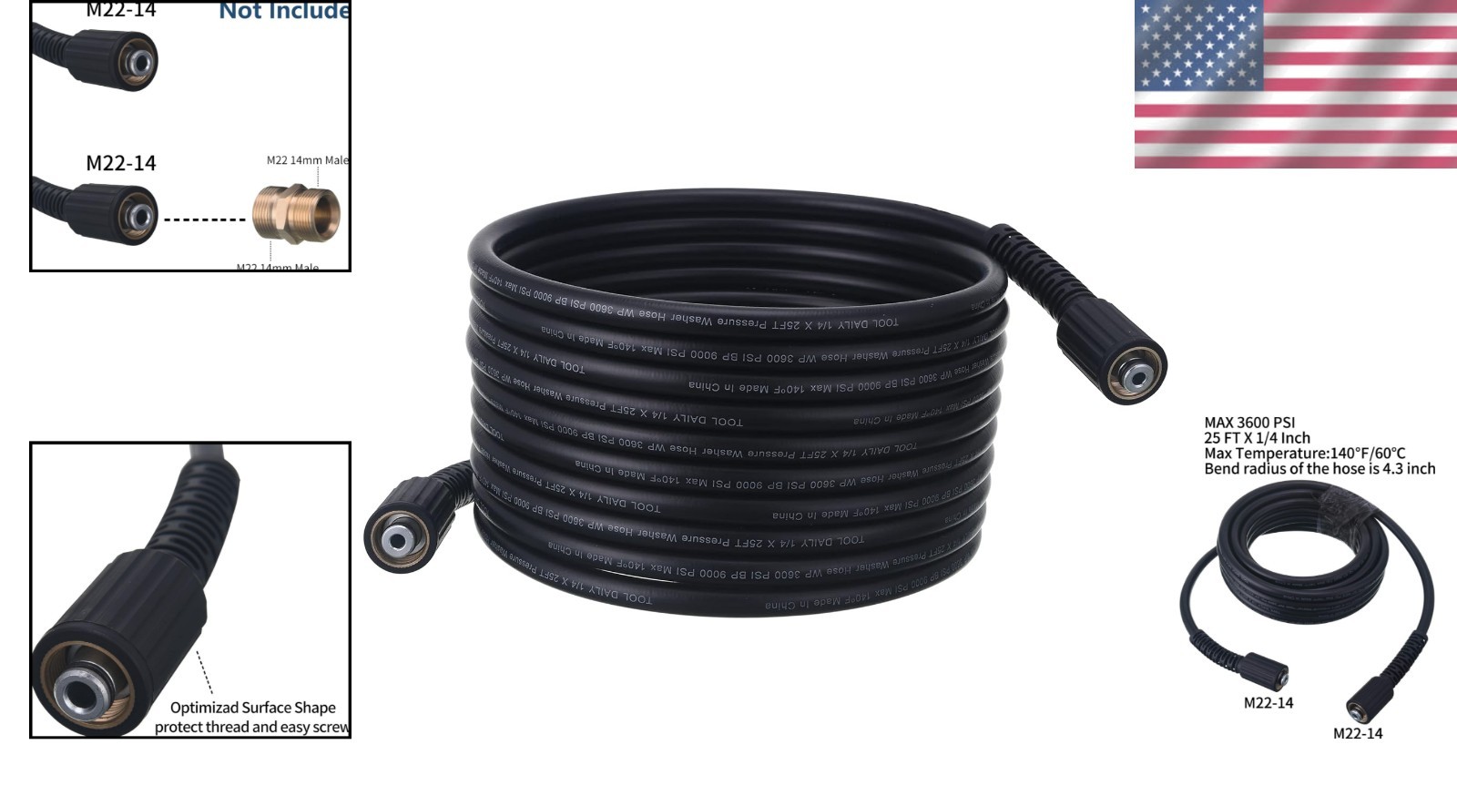 Durable 25 FT High Pressure Washer Hose 3600 PSI M22 14mm – Compatible with M…