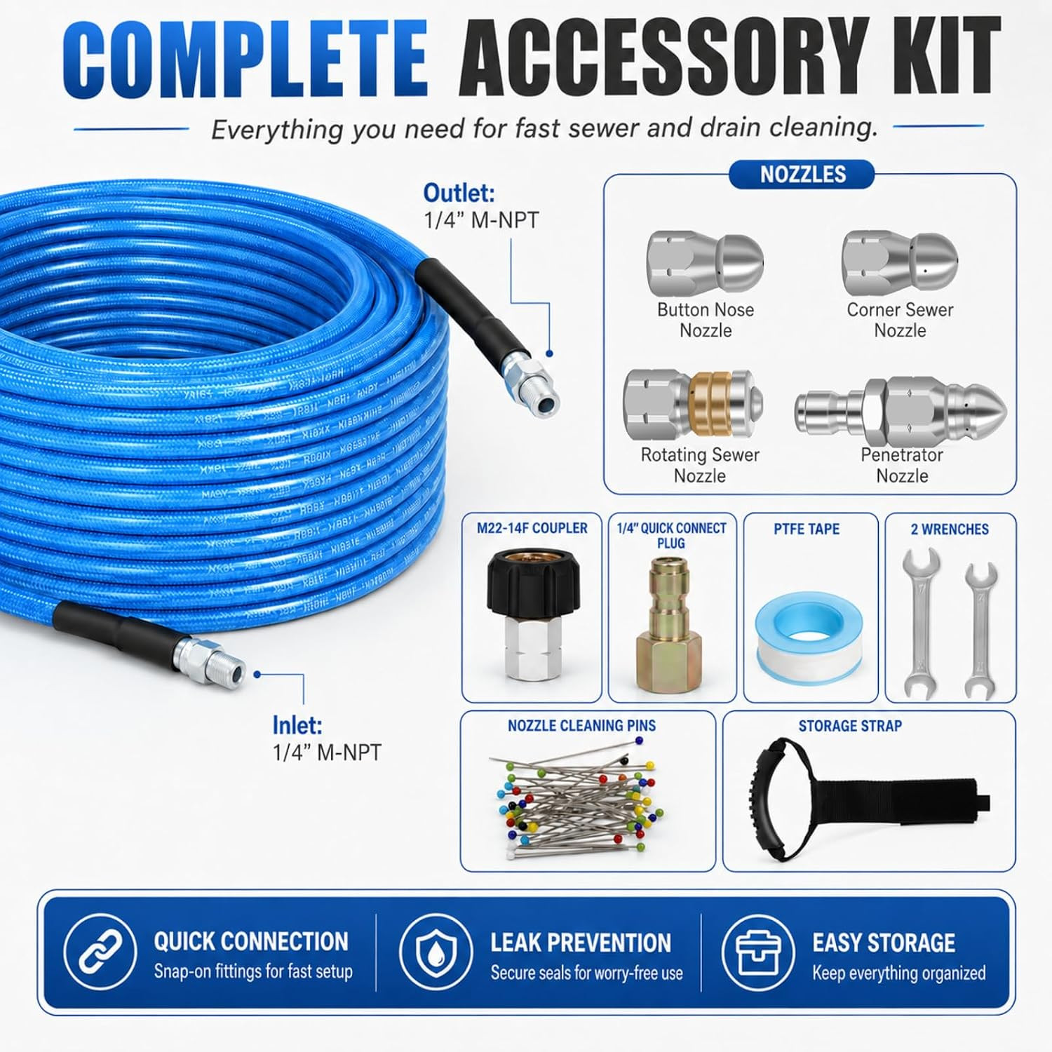 100 FT Sewer Jetter Kit for Pressure Washer, 5800PSI Water Jet Drain Cleaner Hos