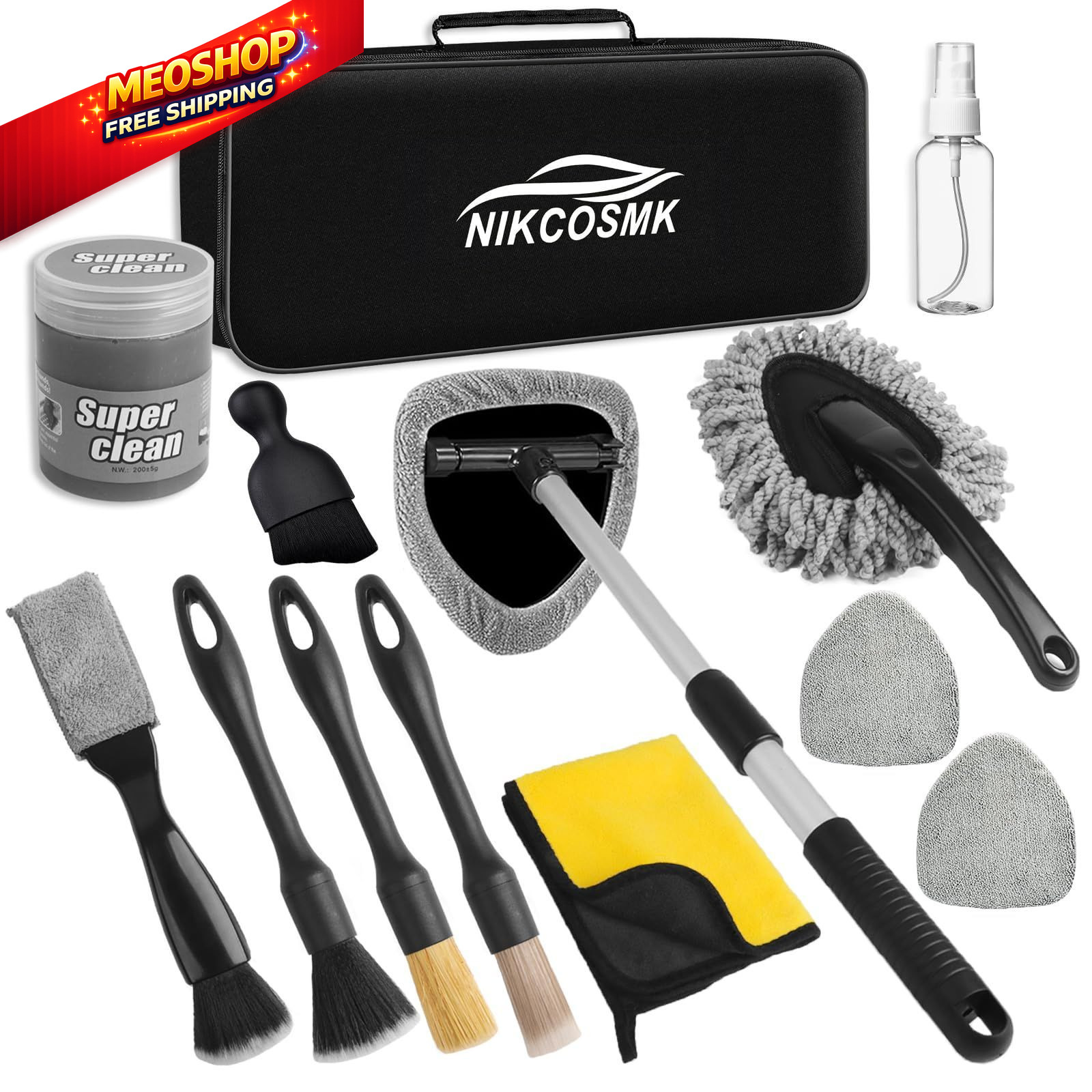 NIKCOSMK Windshield Cleaner Tool, 14Pcs Car Cleaning Kit – Interior Black