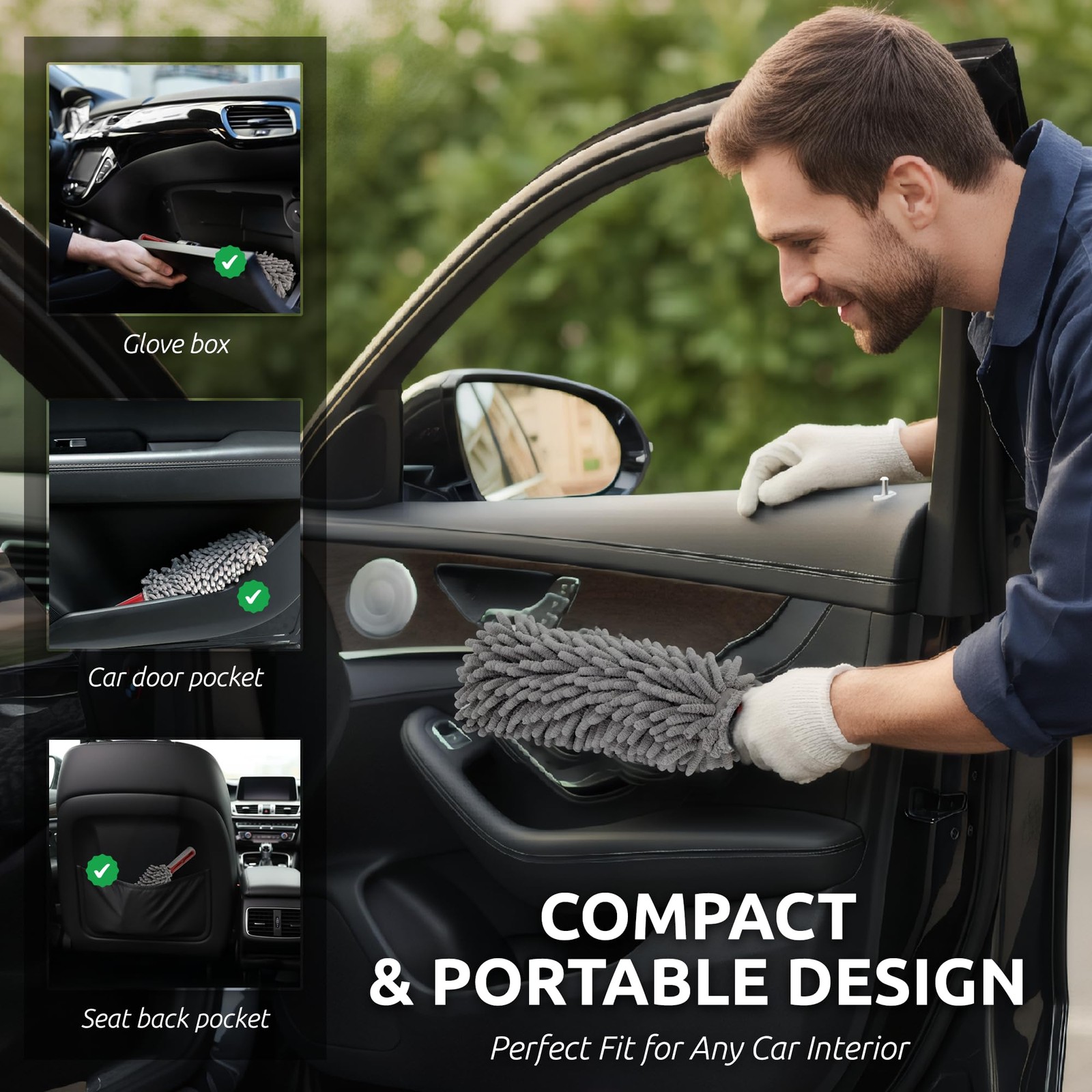 Car Duster Interior by TAKAVU, 360° Microfiber Chenille with Towel, Gray