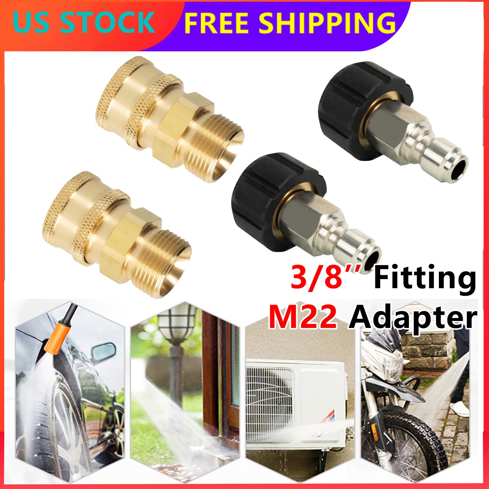 4Pc Pressure Washer Adapter Set Quick Disconnect Kit M22 Swivel to 3/8” Connect