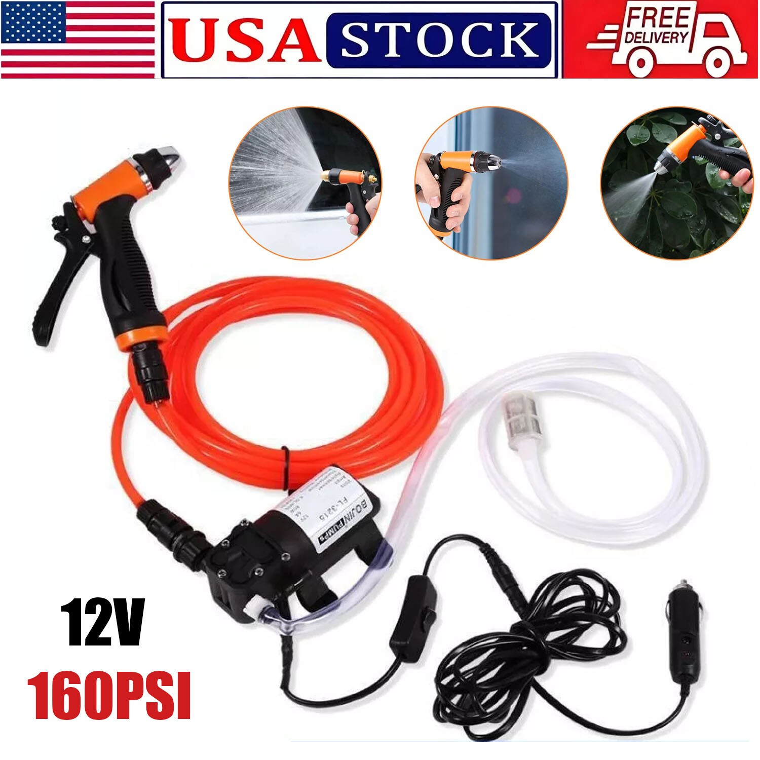 12V High Pressure Car Electric Washer Kit 130PSI Portable Self-Priming Wash Pump