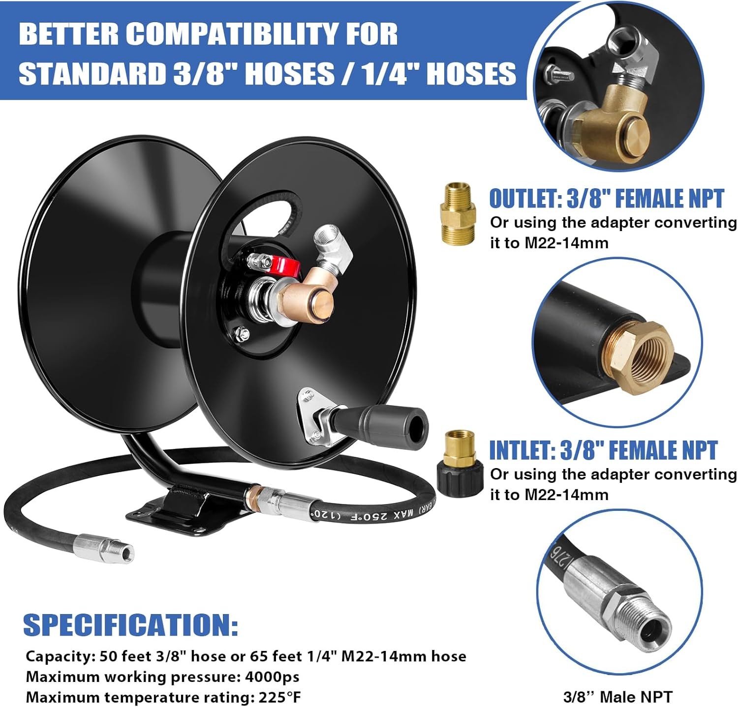 Heavy Duty Pressure Washer Hose Reel 3/8″ x 50FT 4000 PSI Steel