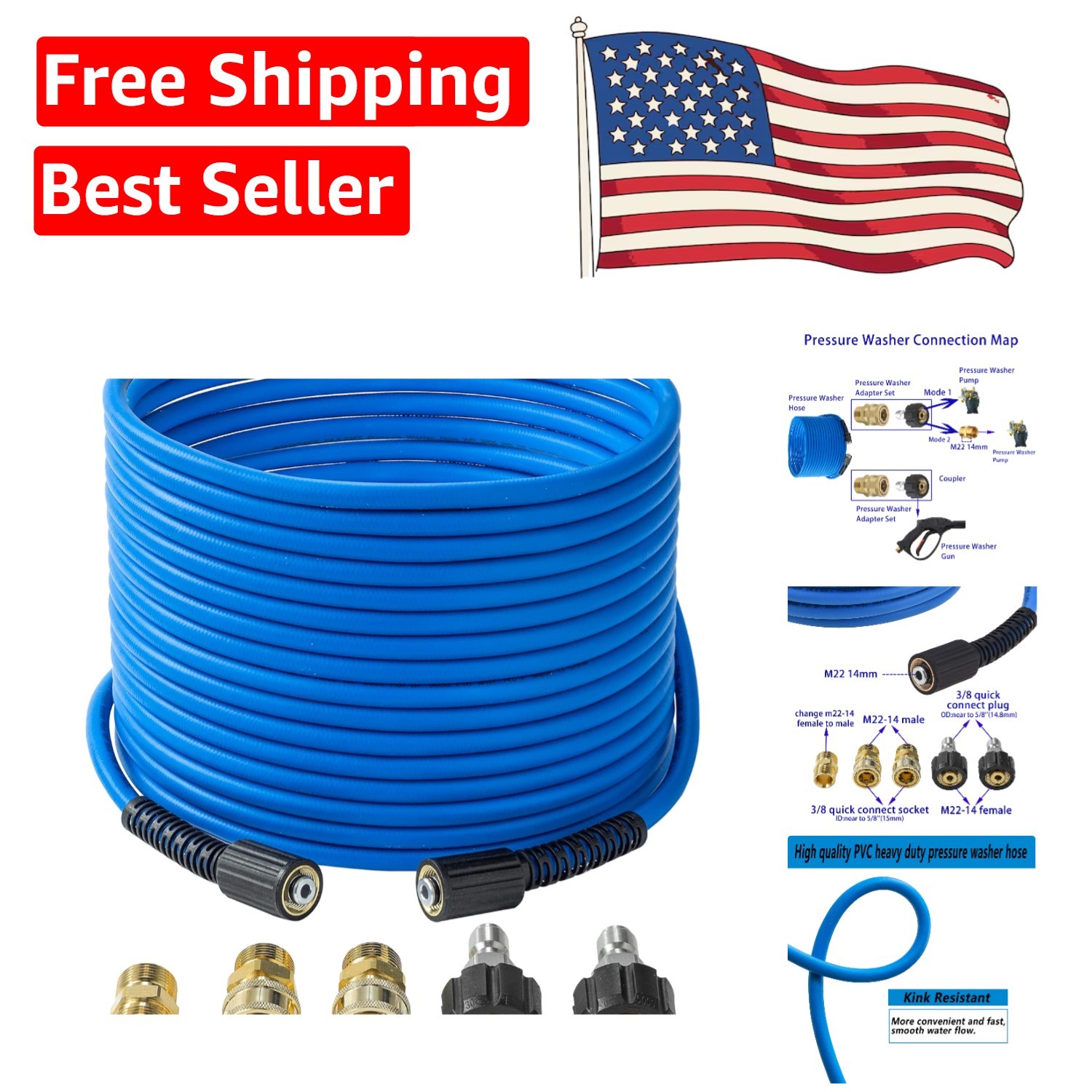 1/4″ X 50 FT High Pressure Washer Hose – Kink Resistant & M22 Compatible