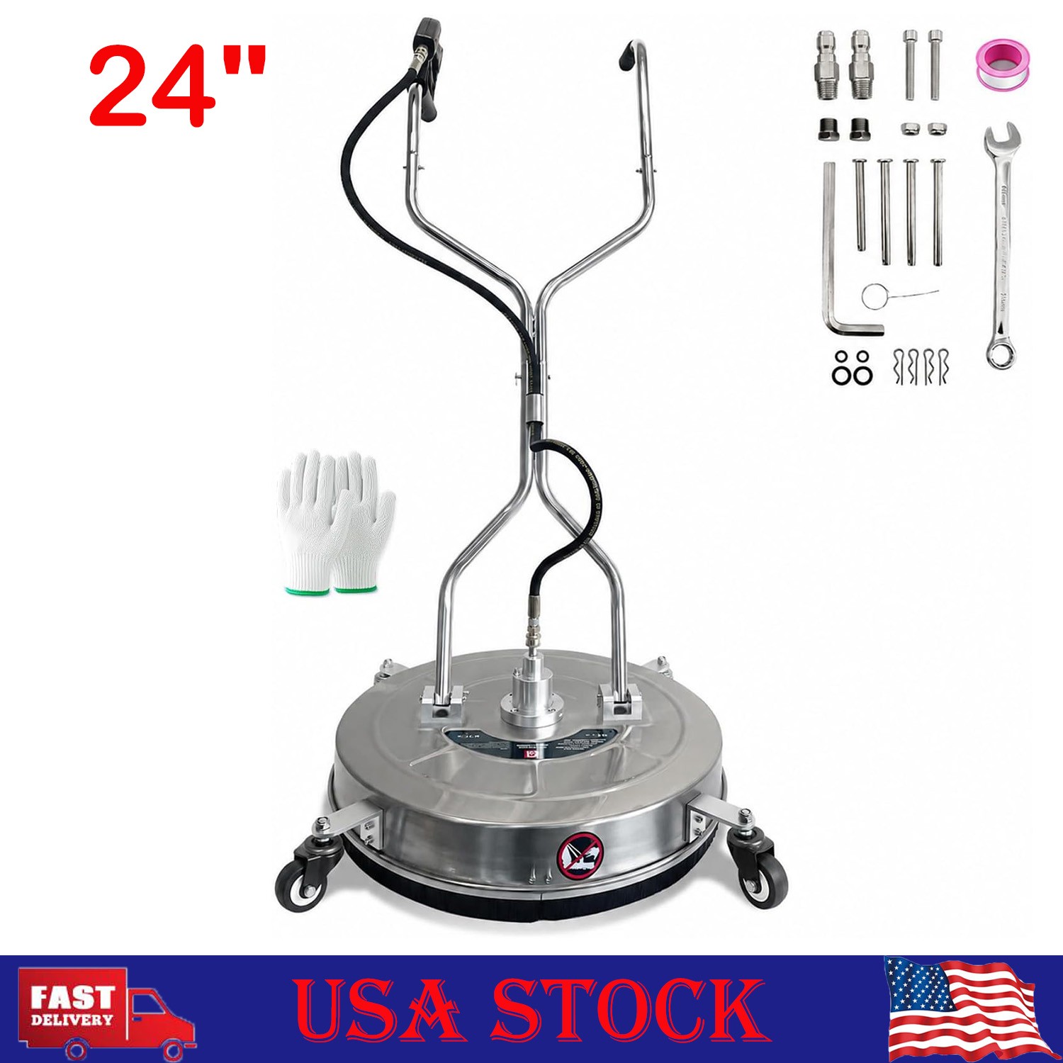 24 inch Pressure Washer Surface Cleaner w/ Dual Handle, Wheels, Glove, 4900PSI