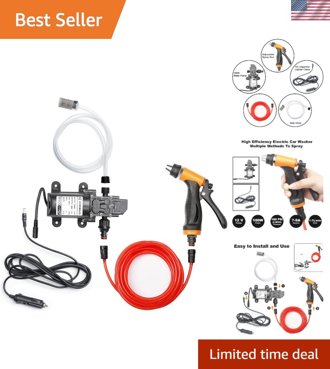 Portable Intelligent Electric Pressure Washer Pump 100W 160 PSI 12V Portable …