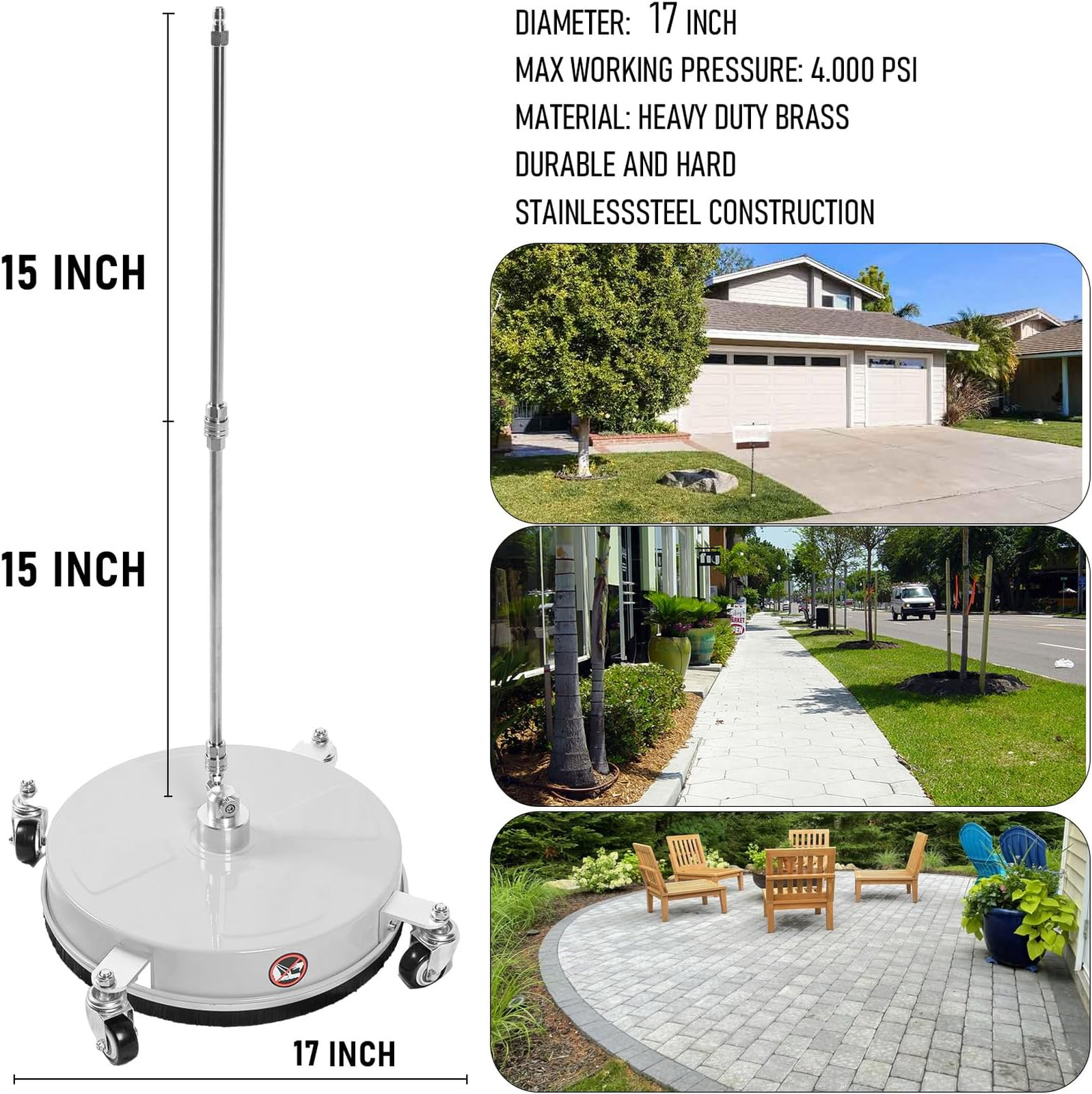 17 Inch Pressure Washer Surface Cleaner with Wheels Stainless Steel 4000 PSI for