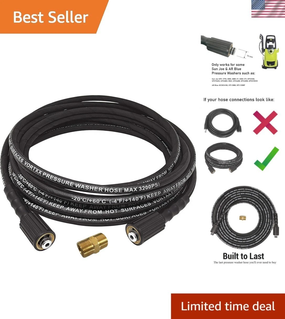 Heavy Duty 25FT Pressure Washer Hose for Sun Joe SPX-3000 & SPX-25HD