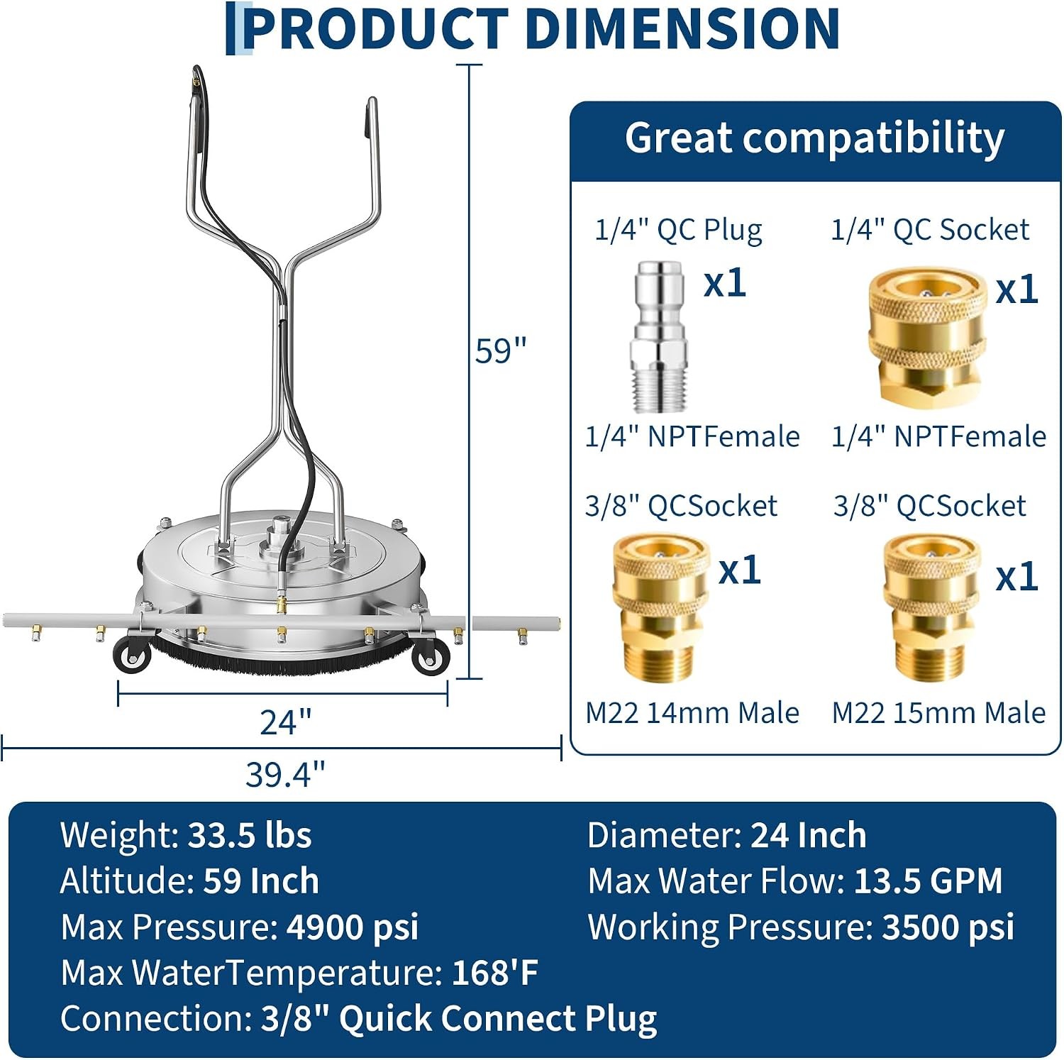 24″ Pressure Washer Surface Cleaner 4900PSI with 7 Nozzles Handles Wheels Deck