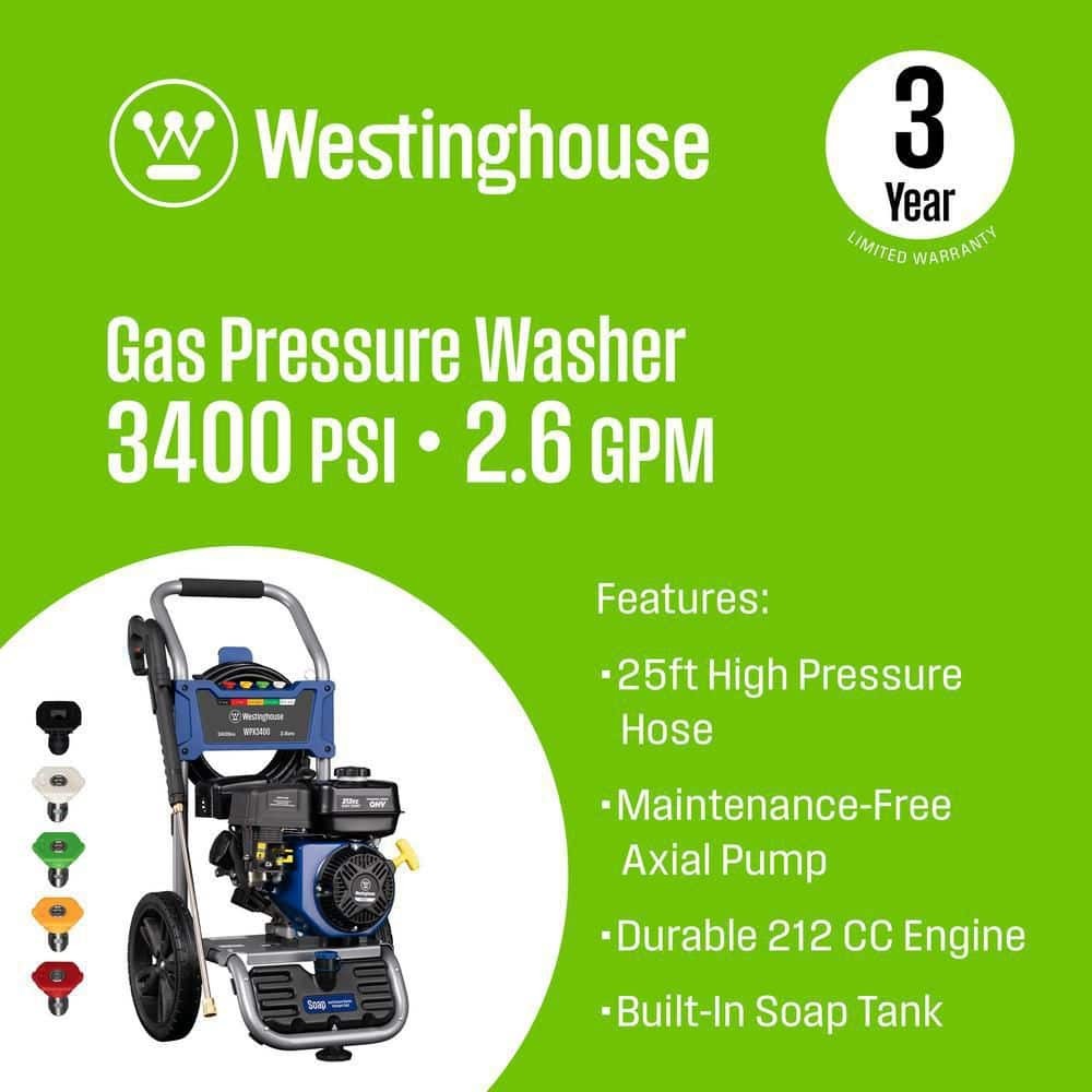 3400 PSI 2.6 GPM Gas Powered Axial Cam Pump Cold Water Pressure Washer with Soap