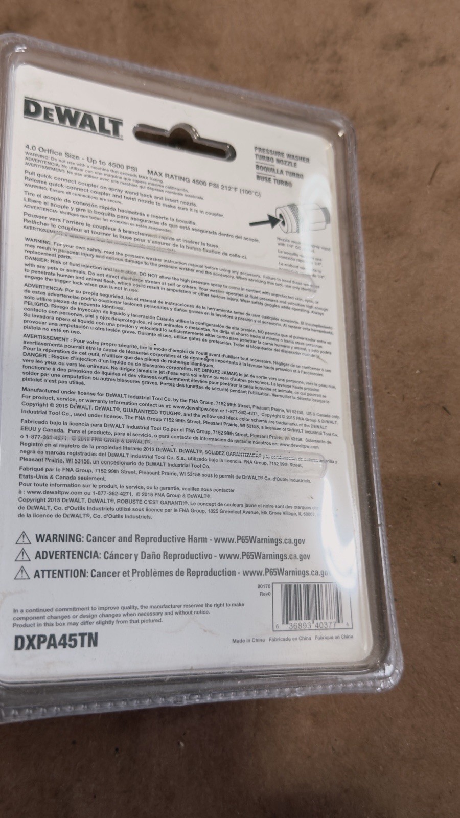 Dewalt DXPA45TN 4500 PSI Pressure Washer Turbo Spray Nozzle NEW