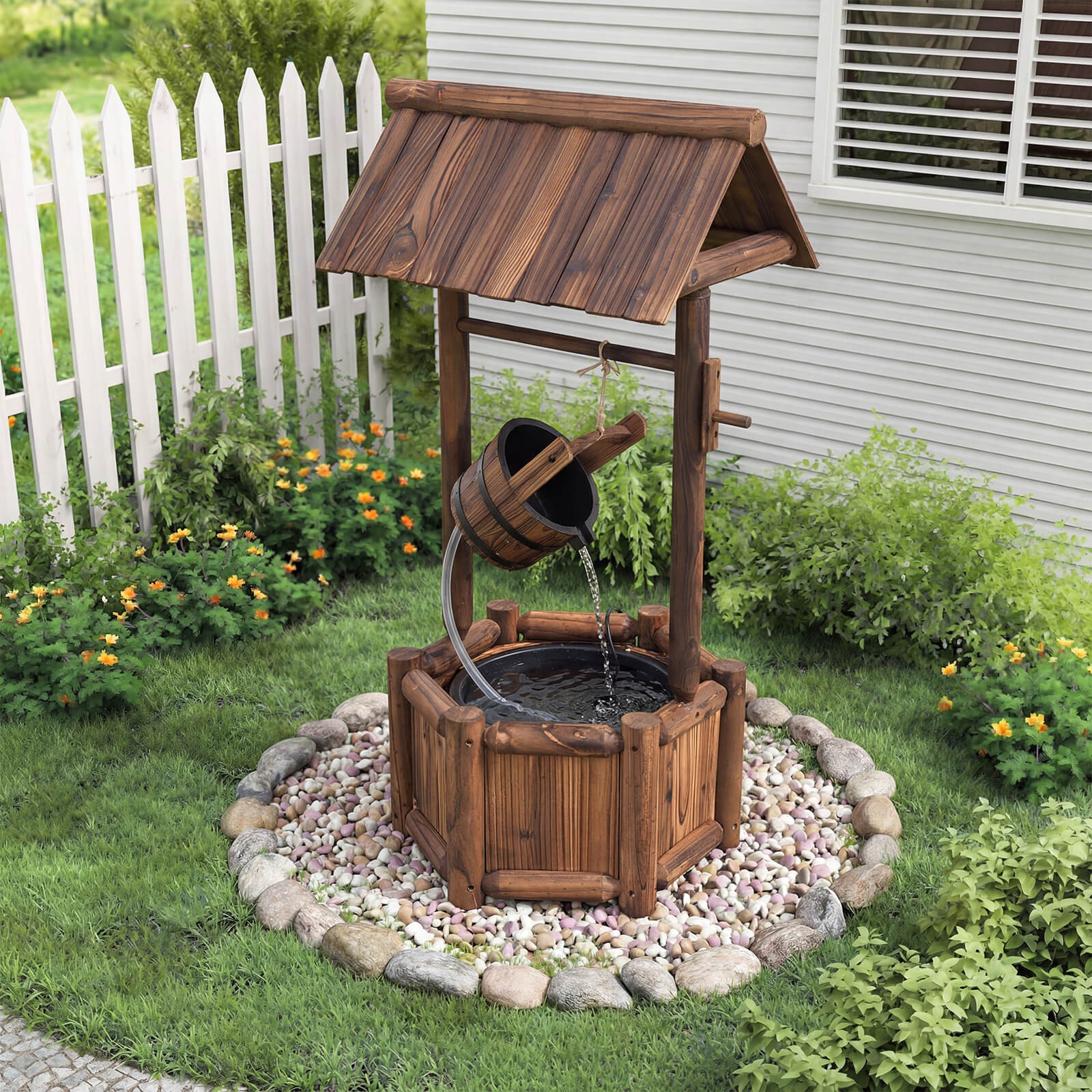 Garden Rustic Wishing Well Water Fountain Wooden Electric Backyard Pump Outdoor