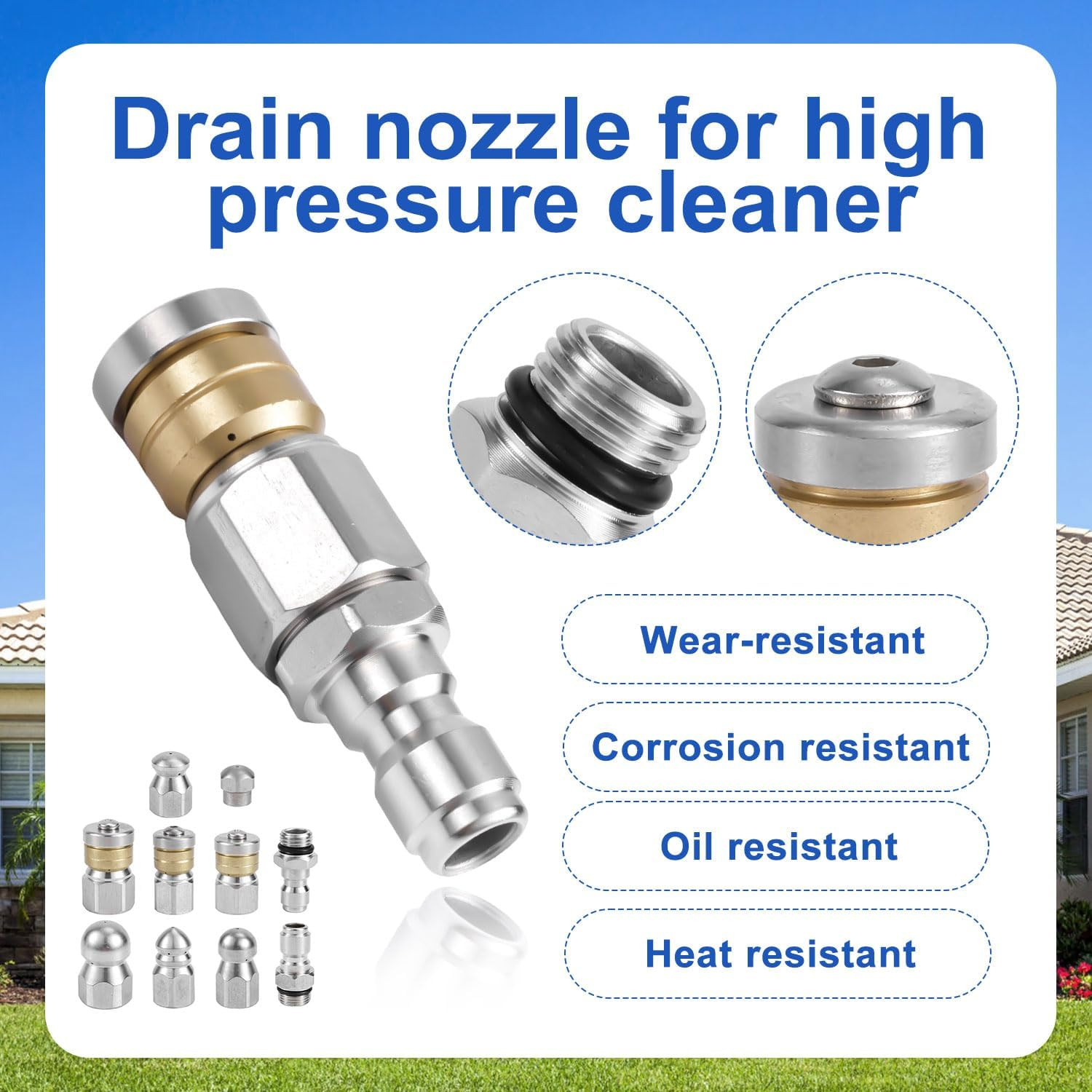 10Pcs Sewer Jetter Nozzle Kit – Stainless Steel, 1/4″ & 3/8″ NPT Quick Connector