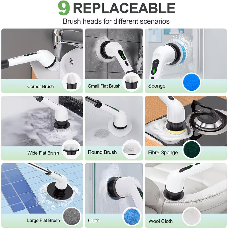 Electric Rotary Washer, Cordless Cleaning Brush, LED Power Display, with 9 Repla