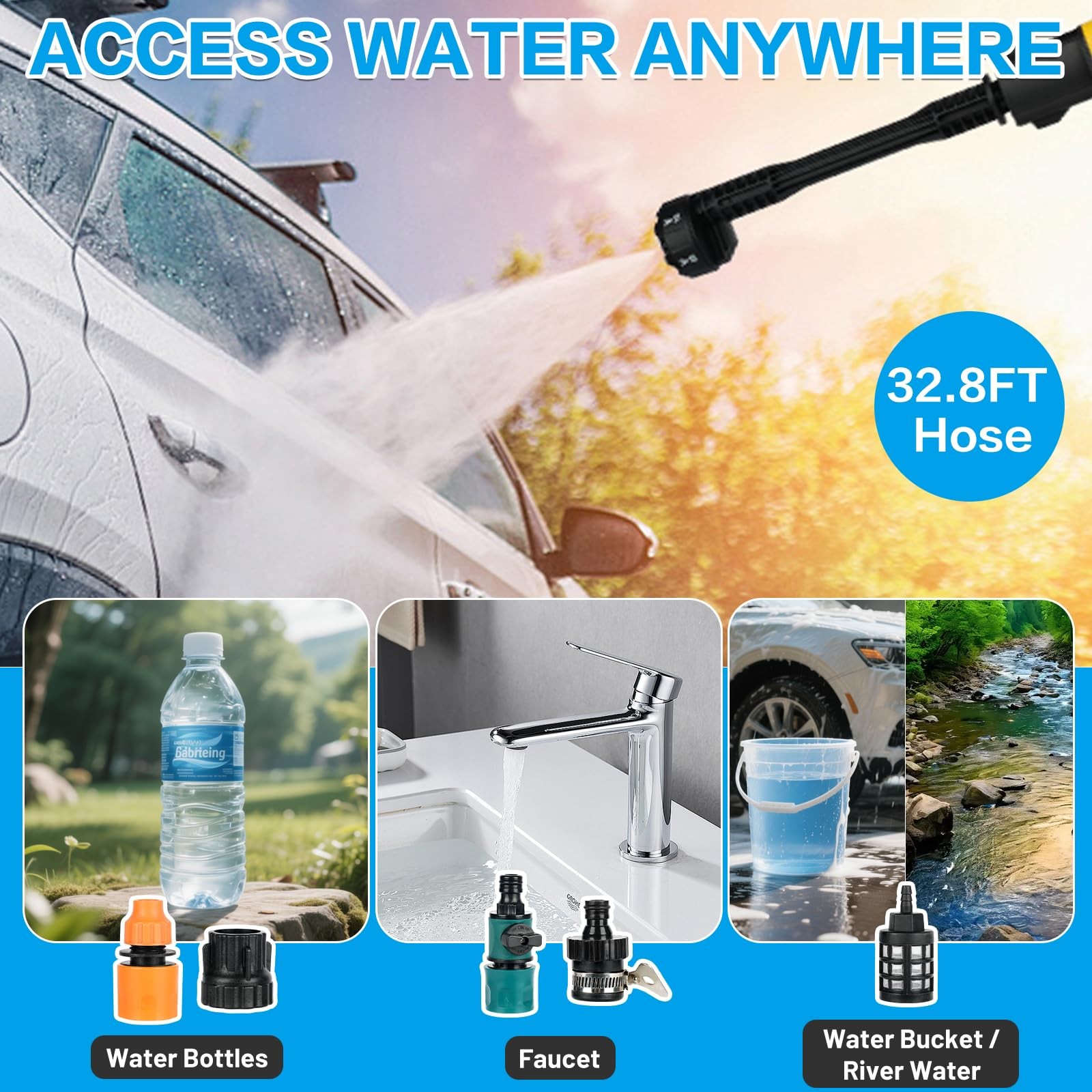 Cordless Pressure Washer 990 PSI Portable w/Battery, 6-in-1 Nozzle, Foam Jug