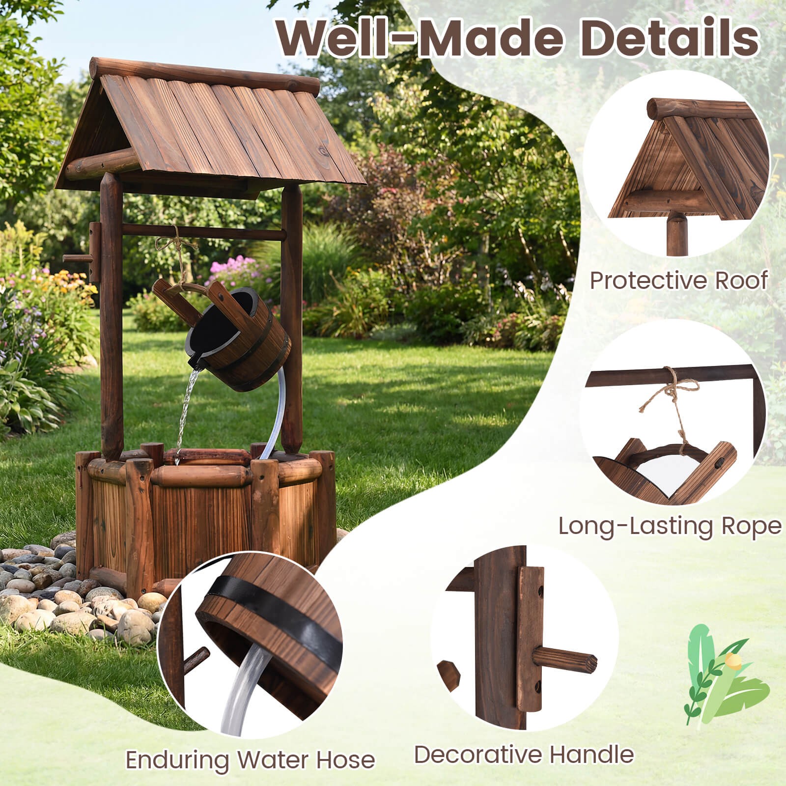 Garden Rustic Wishing Well Water Fountain Wooden Electric Backyard Pump Outdoor