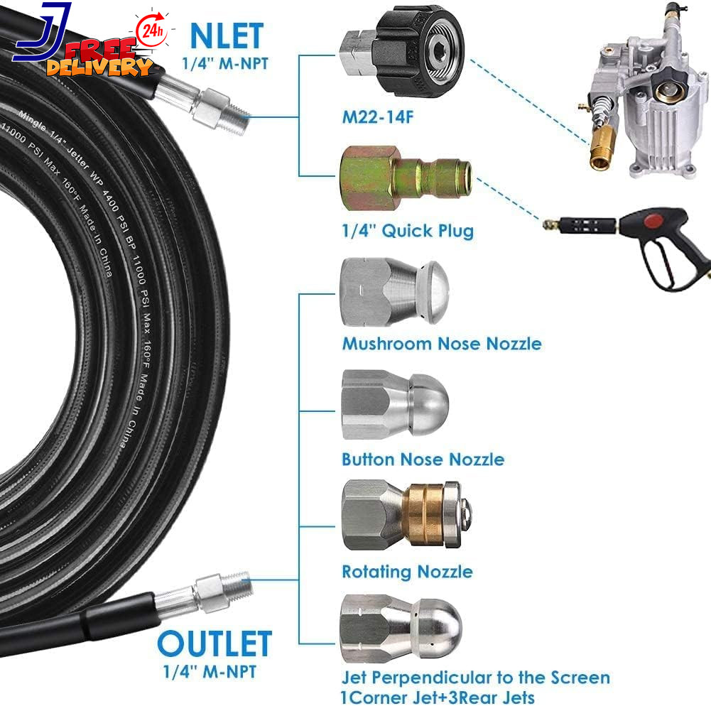 200FT Sewer Jetter Kit for Pressure Washer 5800PSI Drain Cleaner Hose 1/4 Inch