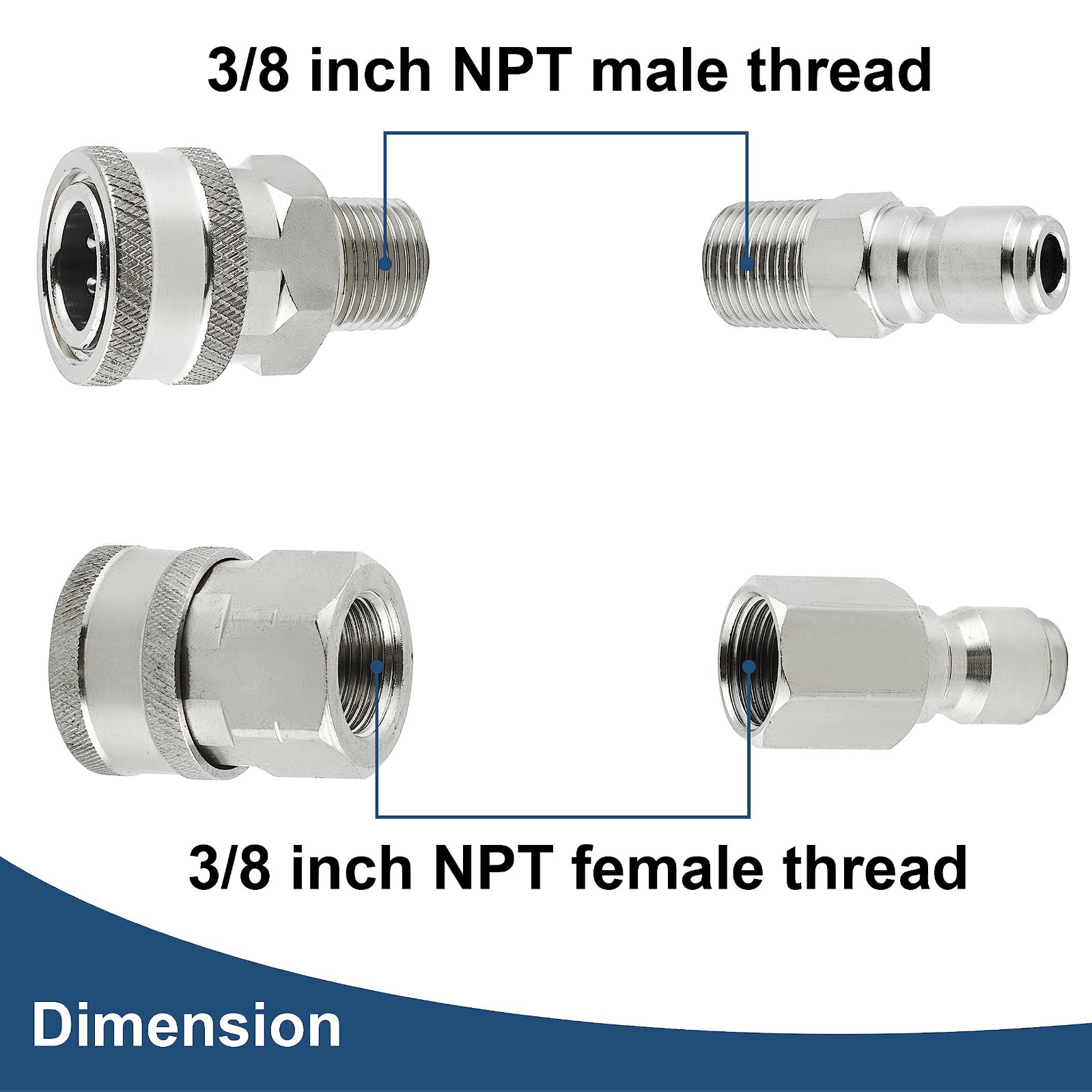Pressure Washer Quick Connect Fittings Set, 3/8″ Stainless Steel Adapters, 8 Pie