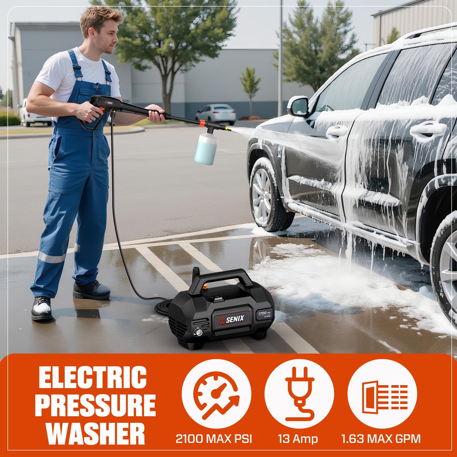 13 Amp Electric Pressure Washer – 1700 PSI, 1.2 GPM, Compact with Foam Cannon…