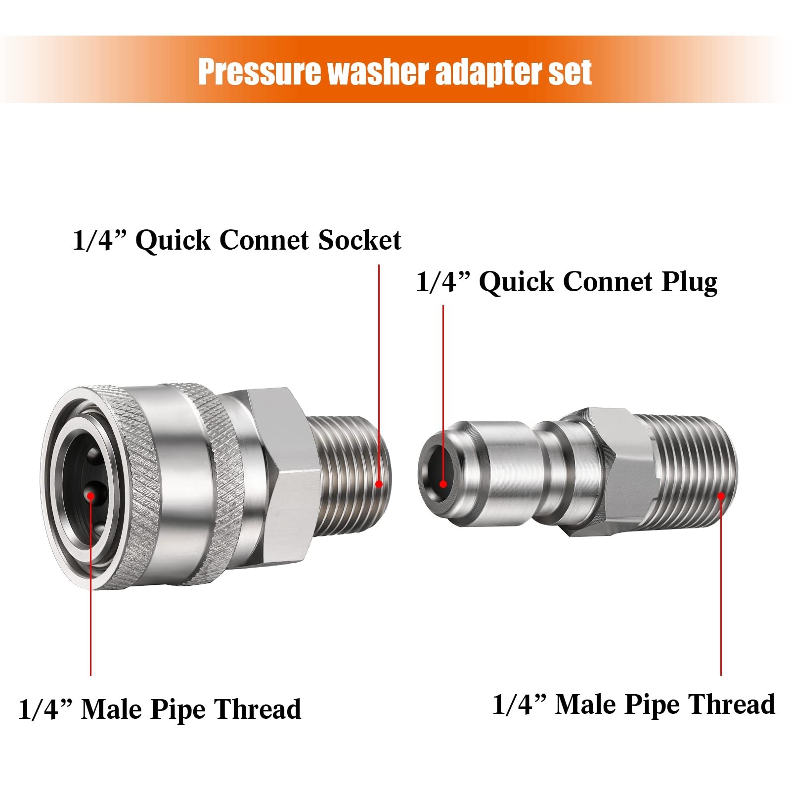 4 Sets 1/4 Inch Pressure Washer Quick Connect Couplers & Adapters Fittings