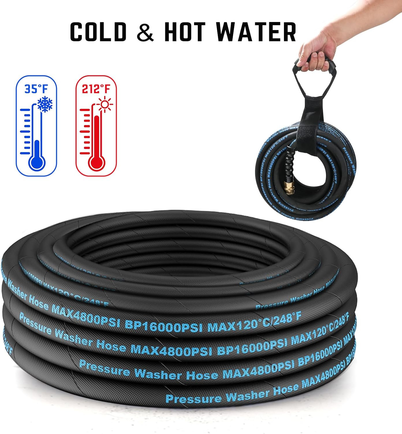50 Ft Pressure Washer Hose with Quick Connector, 4800 PSI Kink Resistant