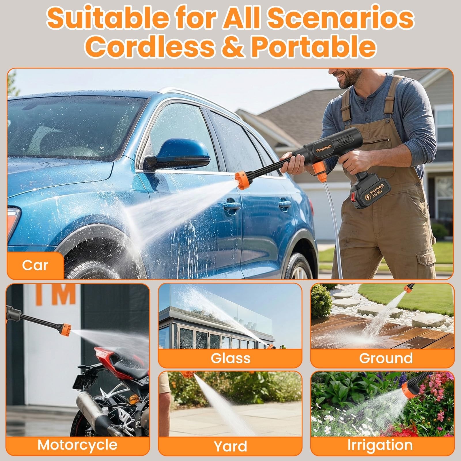 Portable Cordless Pressure Washer 1200 PSI – 6-in-1 Nozzle, 2 Batteries, Car & G