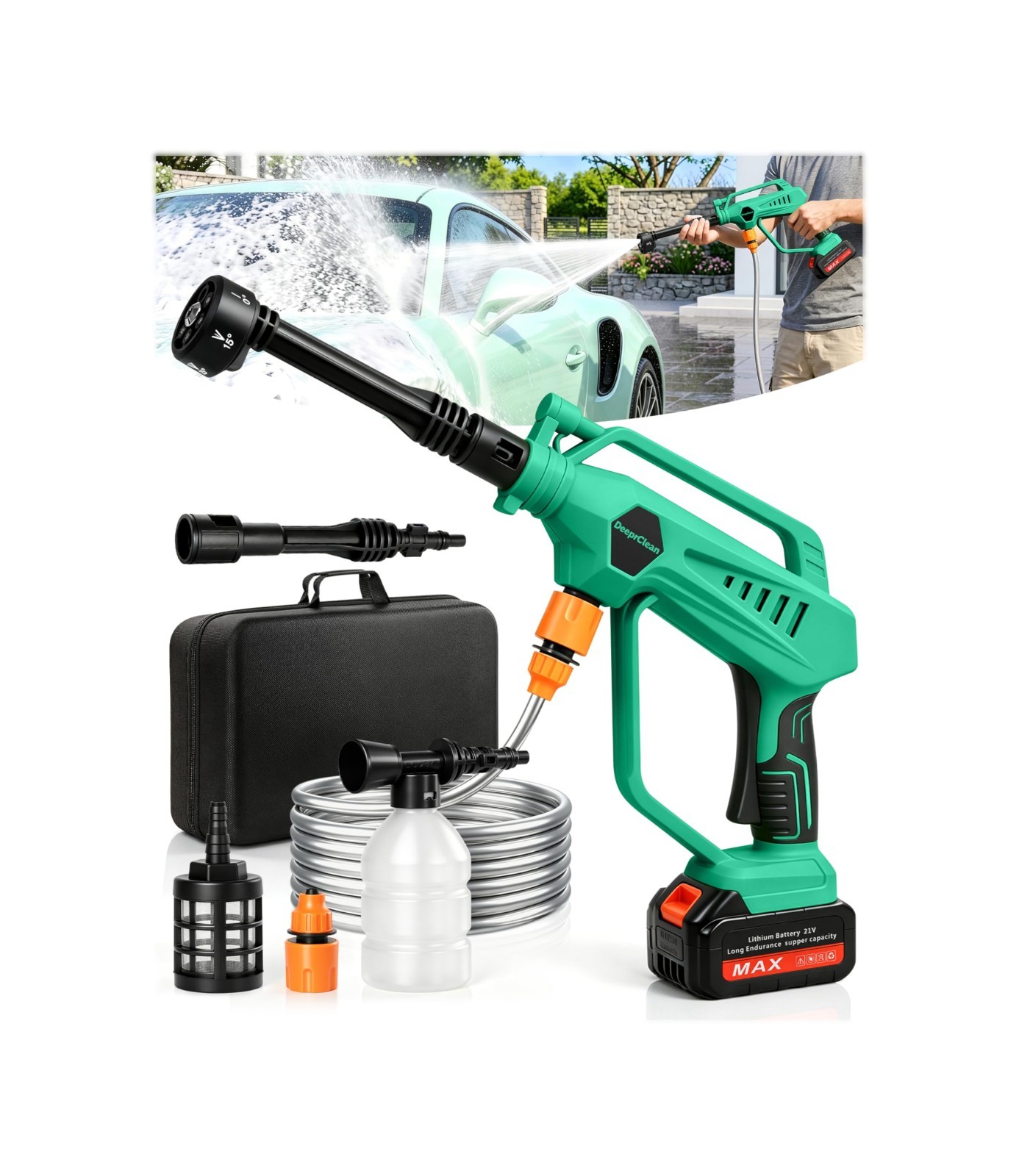 Portable Cordless Car Washer – 6-in-1 Nozzle, Brushless Motor, 3 Adjustable Leve
