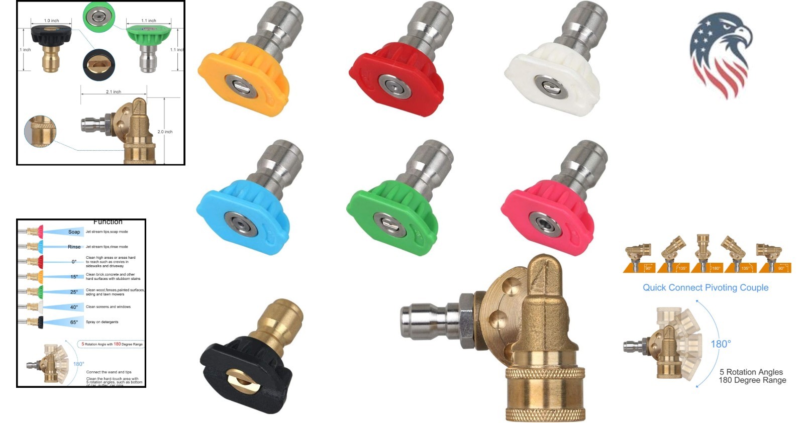 Universal Pressure Washer Nozzle Tips Kit 7 Spray Angles Quick Connect Coupler