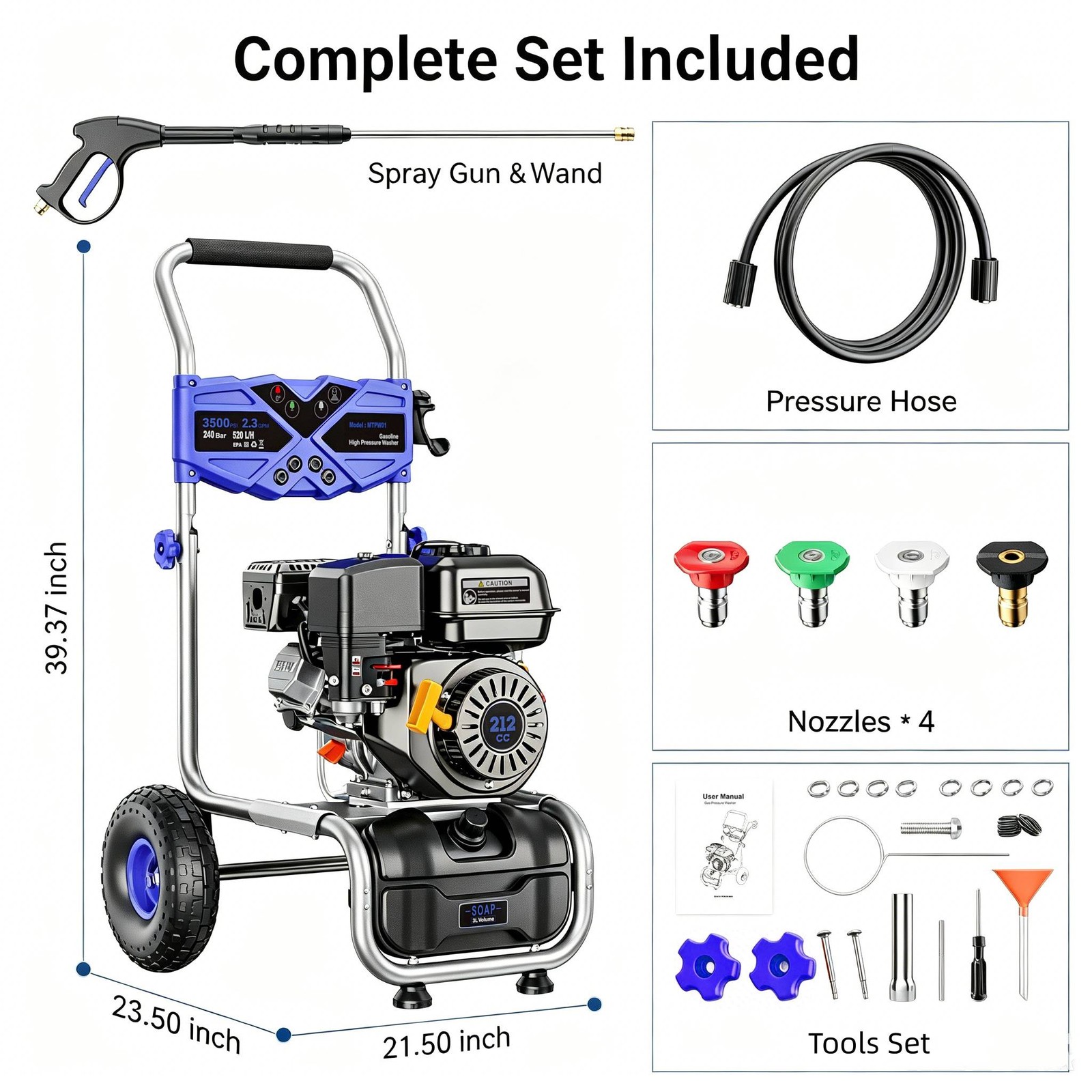 Efurden 3500 PSI Gas Pressure Washer 4 Nozzles Gas Powered Washer 2.3 GPM 209cc