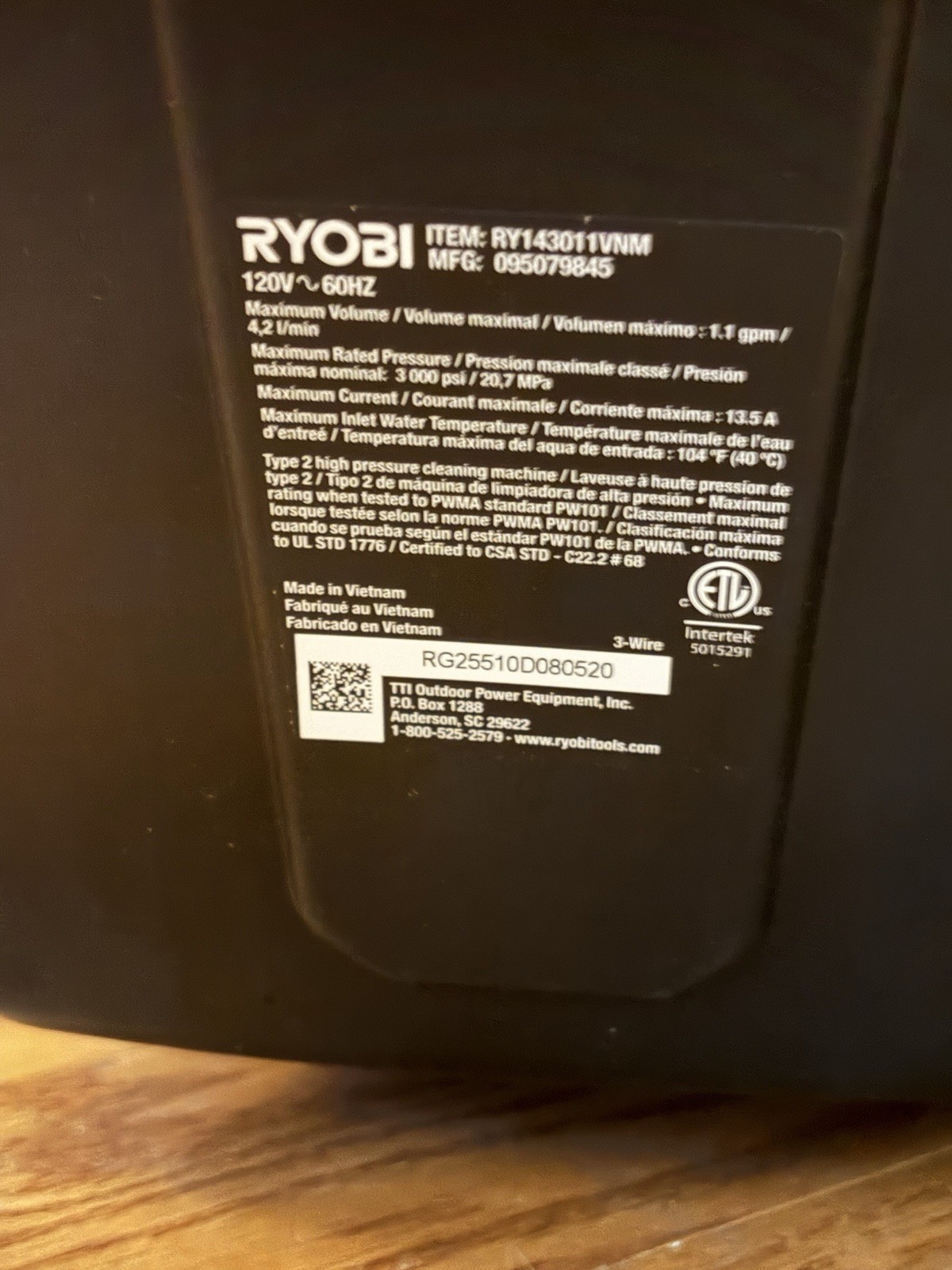 RYOBI 3000 PSI 1.1 GPM Cold Water Electric Pressure Washer RY143011