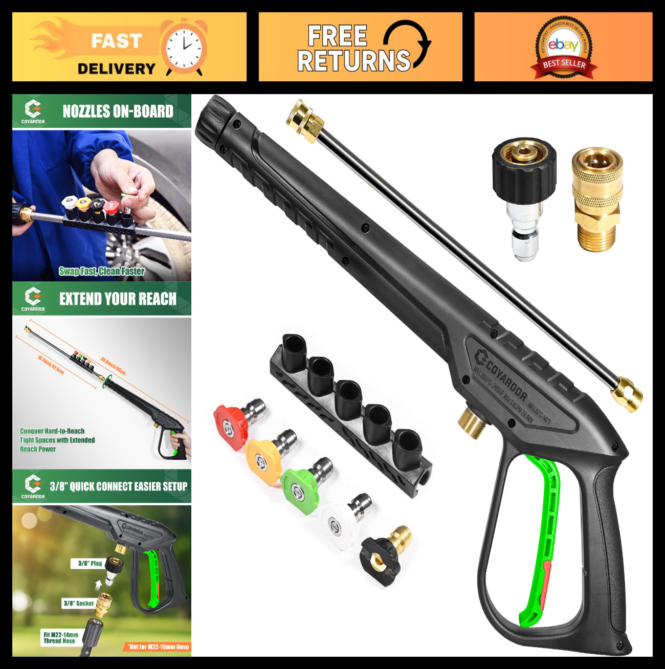 High-Pressure Washer Gun 3600 PSI, Extension Wand, 5 Spray Tips, M22 Fitting