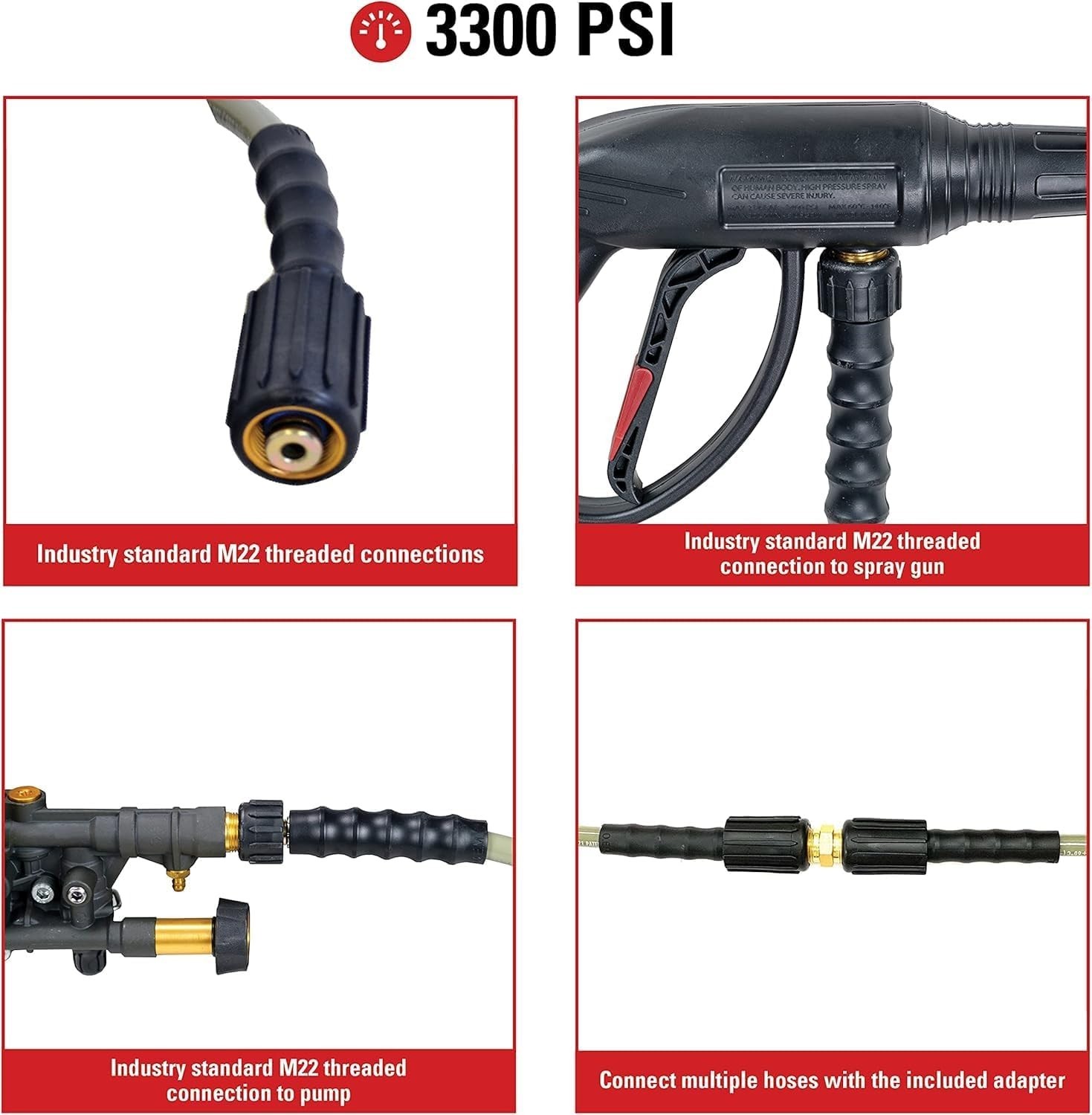 Durable 25-Foot 3300 PSI Pressure Washer Hose with M22 Connections for Easy Use