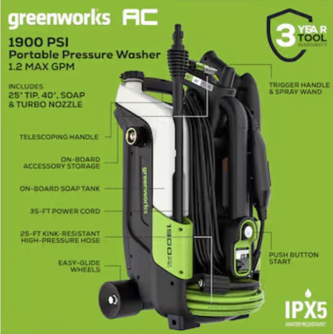 Greenworks 1900-PSI 1.2-GPM Cold Water Electric Pressure washer with Spray Tips