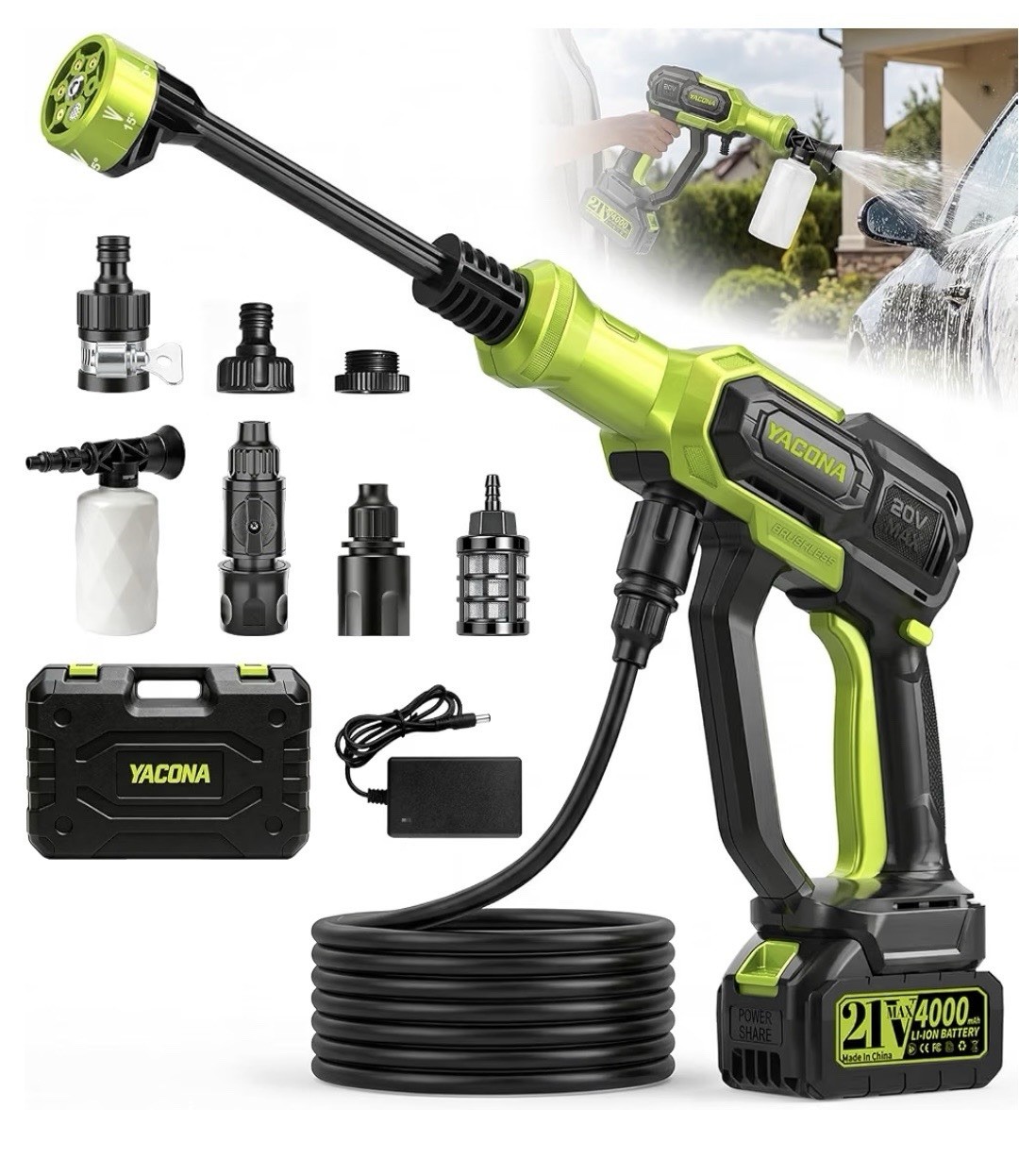 Cordless Portable Pressure Washer, 3 Modes, 23ft Hose, 6-in-1 Nozzle, Car