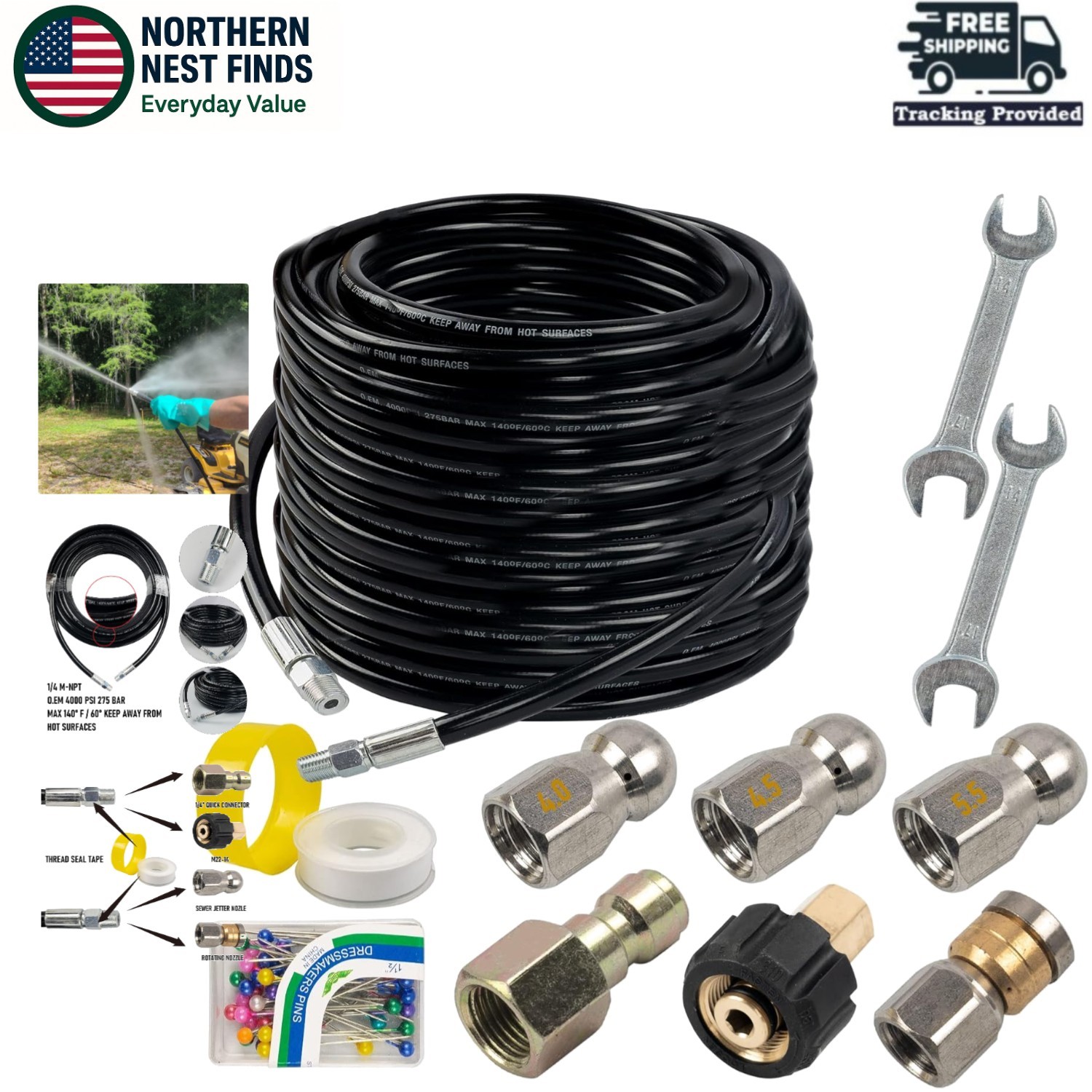 100FT Sewer Jetter Kit for Pressure Washer – 4000 PSI with Nozzles & Accessories